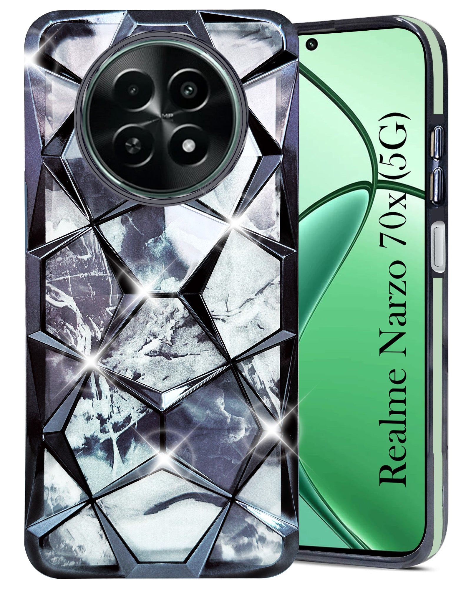 For Realme Narzo 70x 5G Back Cover Case ( Dual Design Glitter Sparkle and Detachable Diamond Print Case | Soft and Flexible)