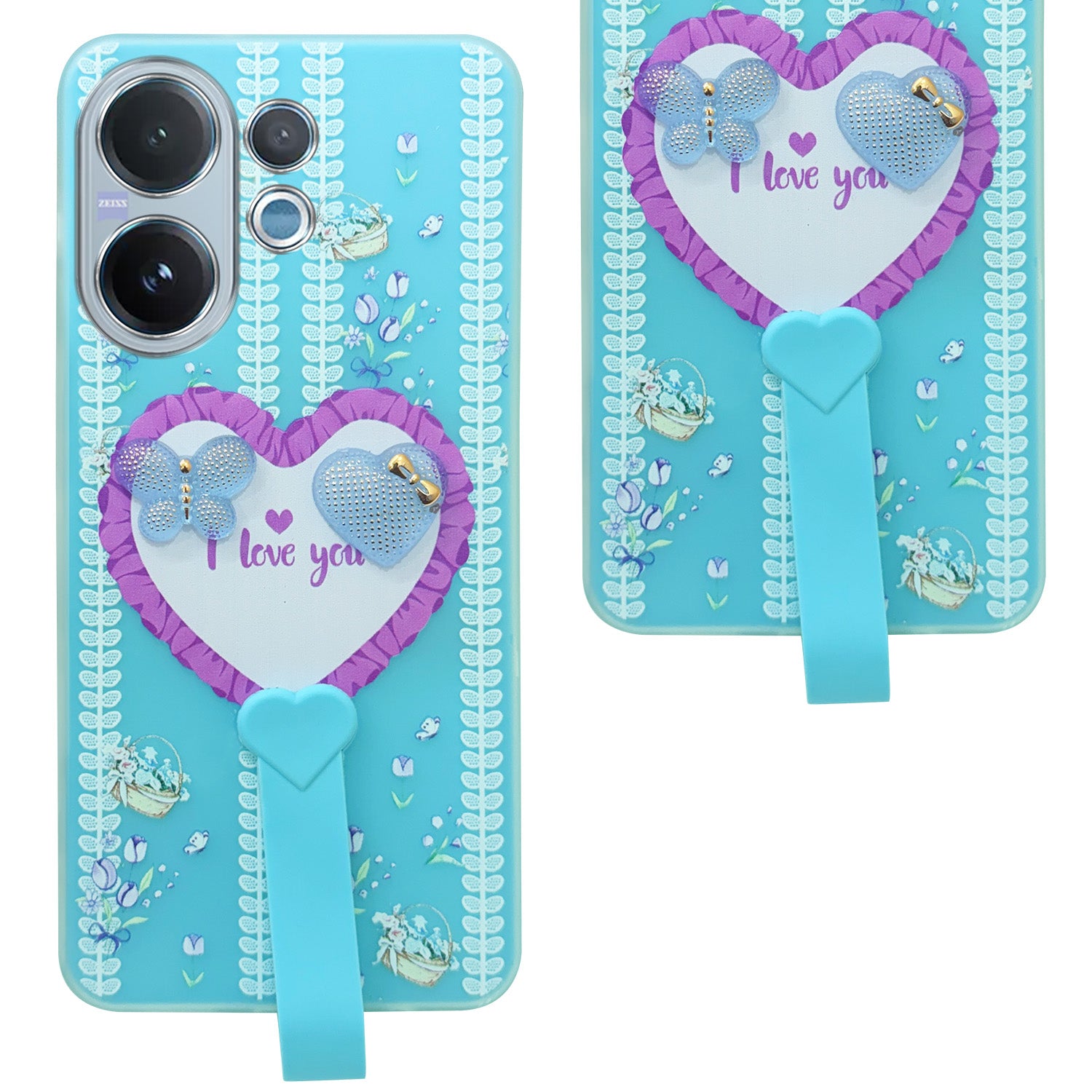 For Vivo V60 | Vivo T4 Pro Back Cover Case (3D Cute Heart Strap Holder | Camera Protection | Designer Girls Print)