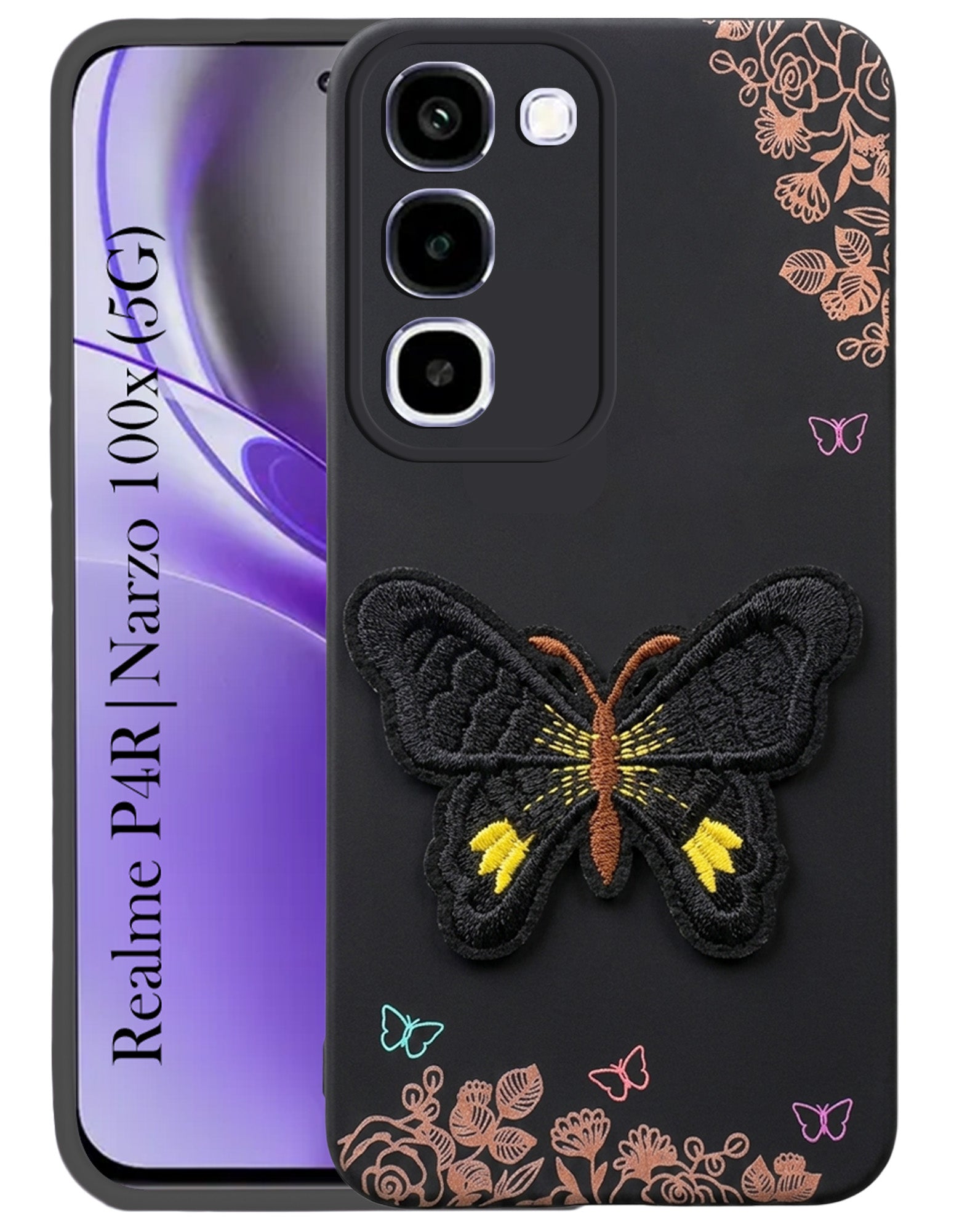 For Realme P4R 5G Back Cover Case (Soft Butterfly Embroidery | Women Teen Girls | Camera Protection| Matte Silicone)