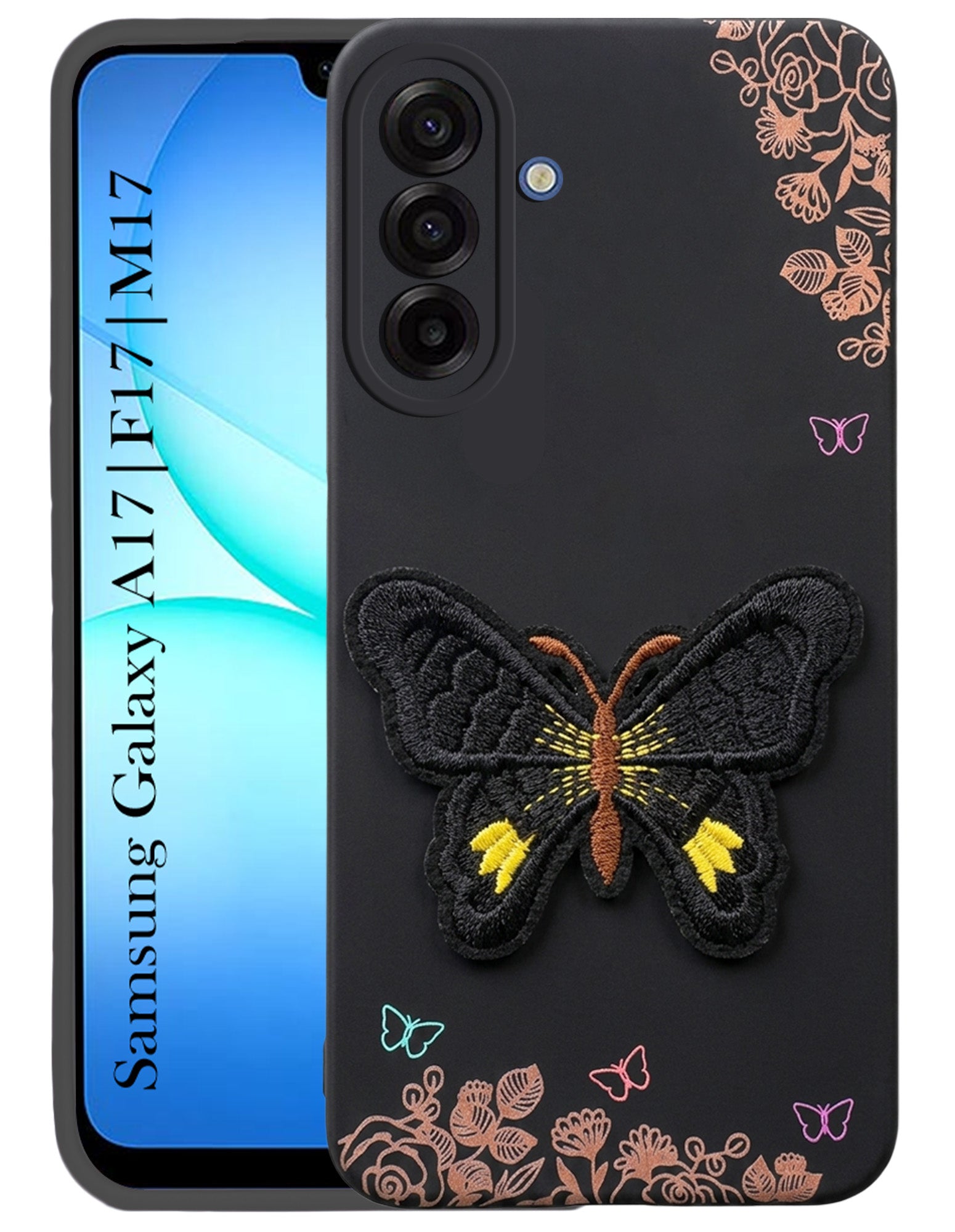 For Samsung Galaxy A17 | Samsung F17 | Samsung M17 5G Back Cover Case (Soft Butterfly Embroidery | Women Teen Girls | Camera Protection| Matte Silicone)