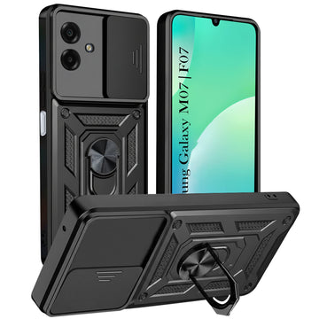 For Samsung Galaxy M07 | Samsung Galaxy F07 Back Cover Case Hybrid Armor (Sliding Shutter Camera Protection | Polycarbonate |Ring Holder Kickstand)