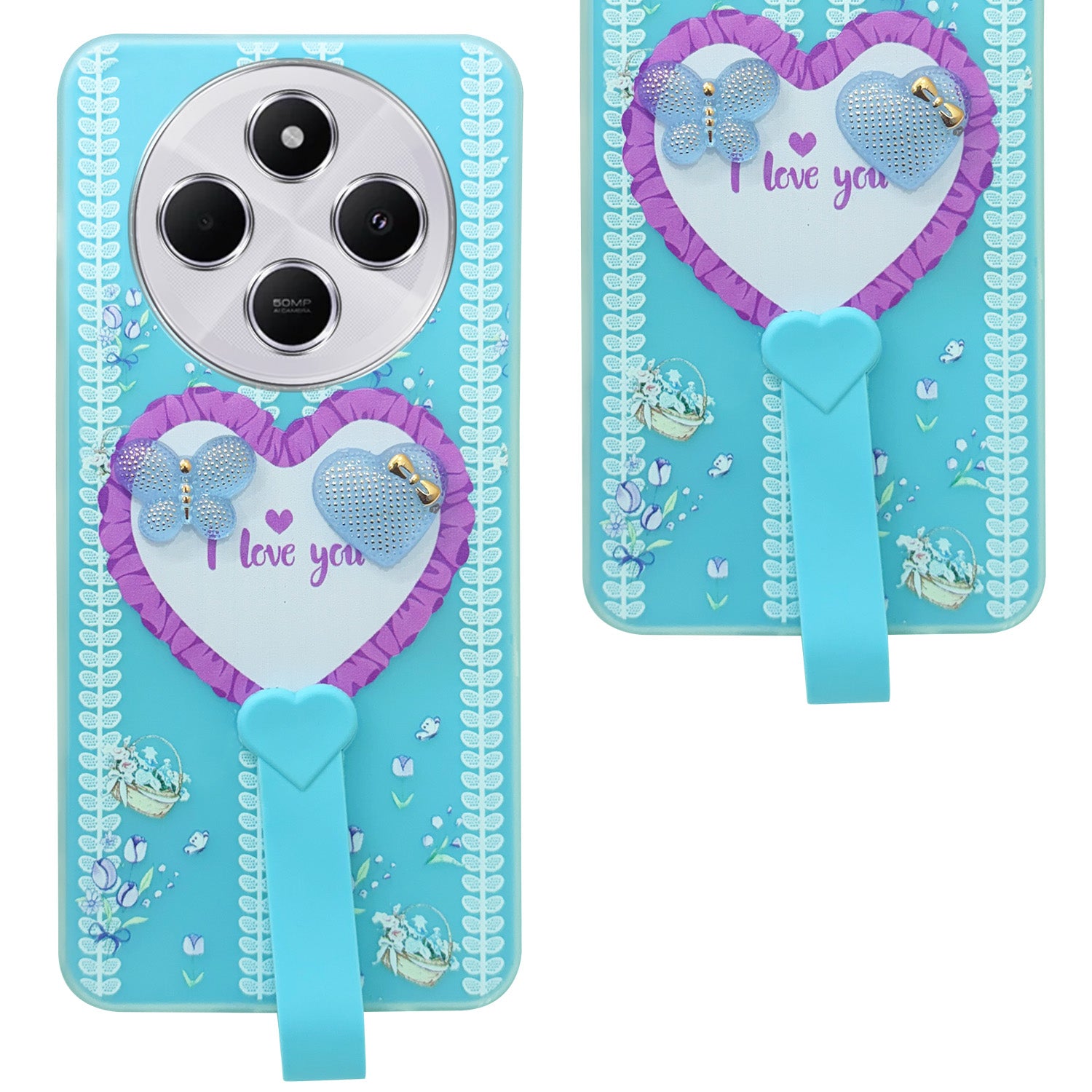 For Redmi A4 5G | Xiaomi Redmi 14C Back Cover Case (3D Cute Heart Strap Holder | Camera Protection | Designer Girls Print)