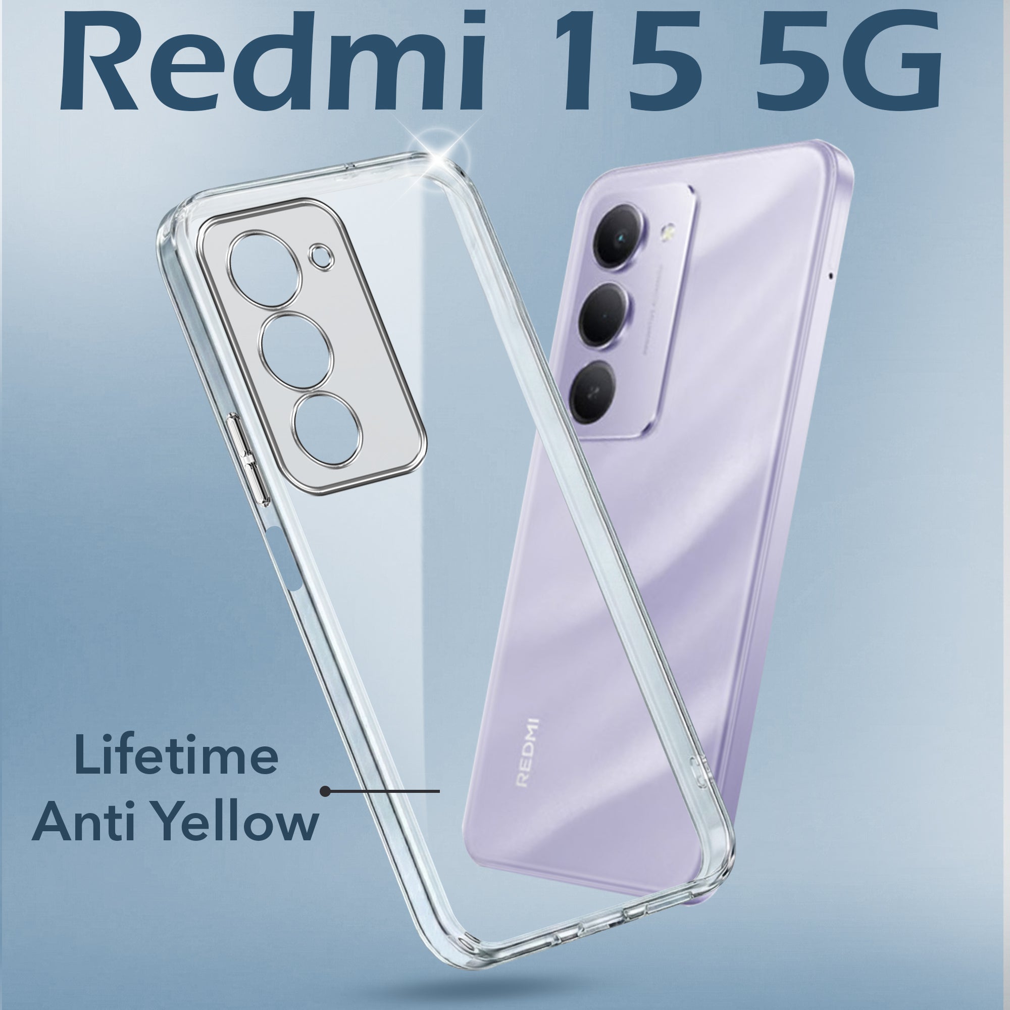 For Redmi 15 Back Cover Case Lifetime Anti-Yellow Clear (Sleek Hard Crystal | Shockproof and Camera Protection)