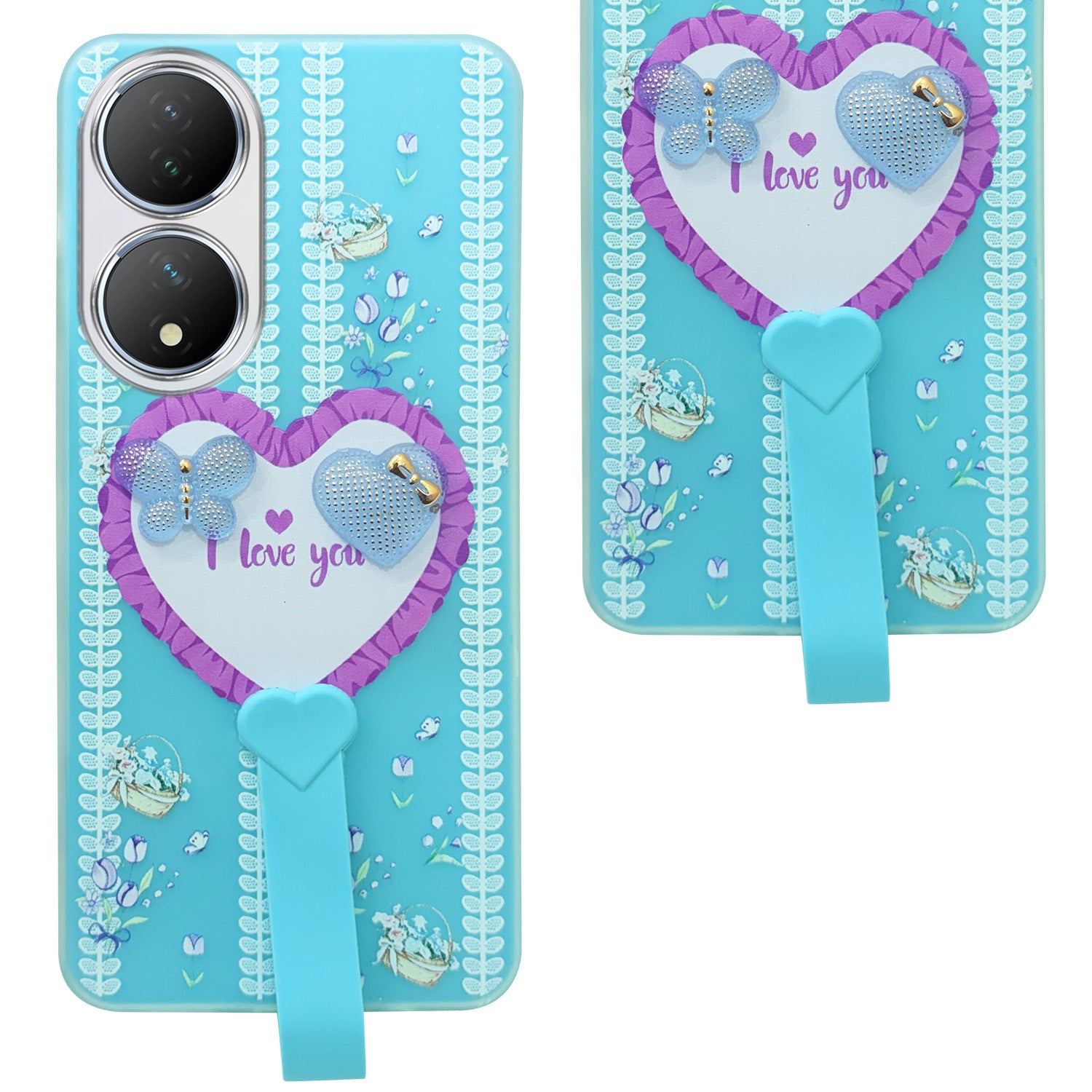 For Vivo Y100 Back Cover Case (3D Cute Heart Strap Holder | Camera Protection | Designer Girls Print)