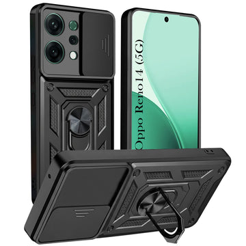 For Oppo Reno14 5G | Oppo Reno 14 5G Back Cover Case (Sliding Shutter Camera Protection | Polycarbonate |Ring Holder Kickstand)