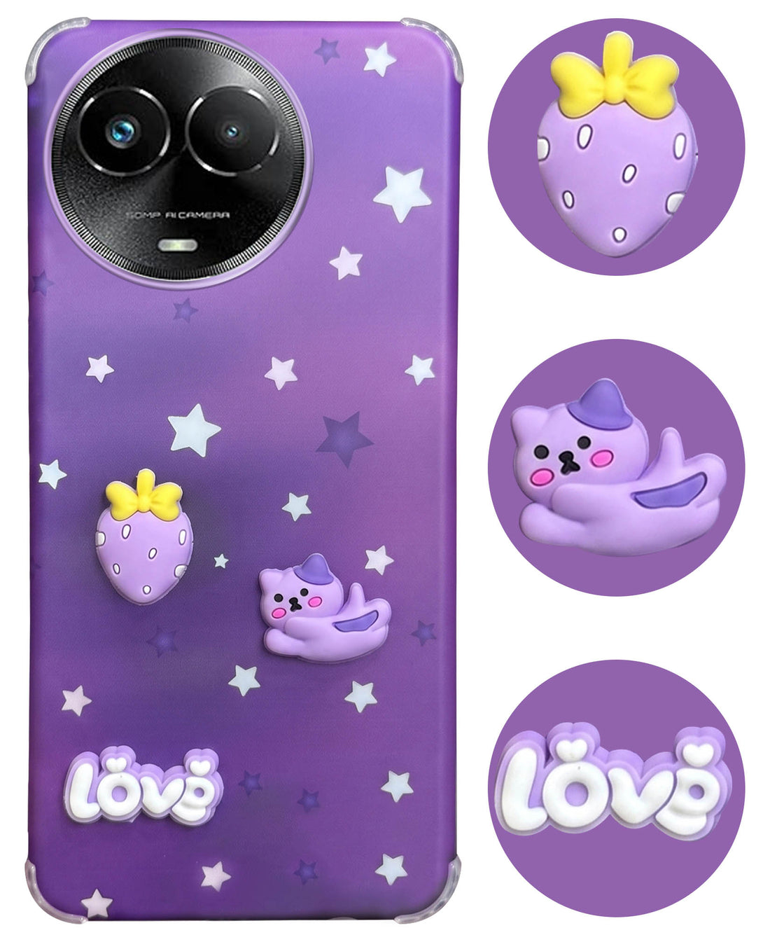 For Realme Narzo 60x Back Cover Case (3D Cute Cartoons | Hard Back Side Soft | Matte Premium Finish | HD Printing)