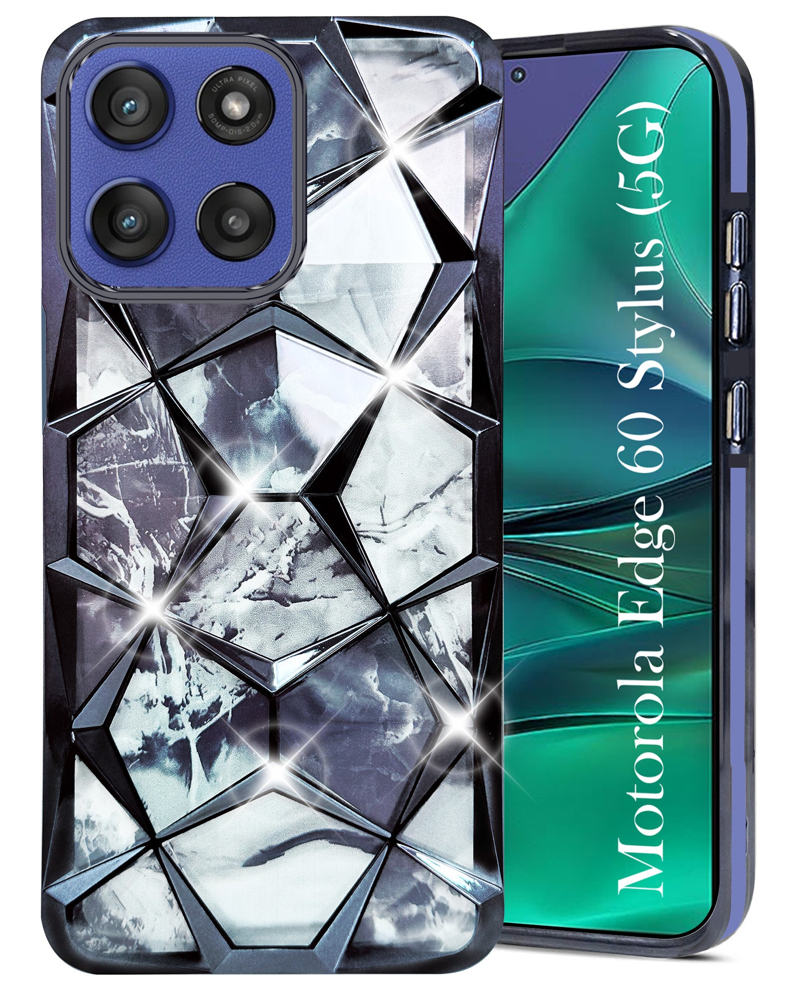 For Motorola Moto Edge 60 Stylus Back Cover Case Compatible With ( Dual Design Glitter Sparkle and Detachable Diamond Print Case | Soft and Flexible)