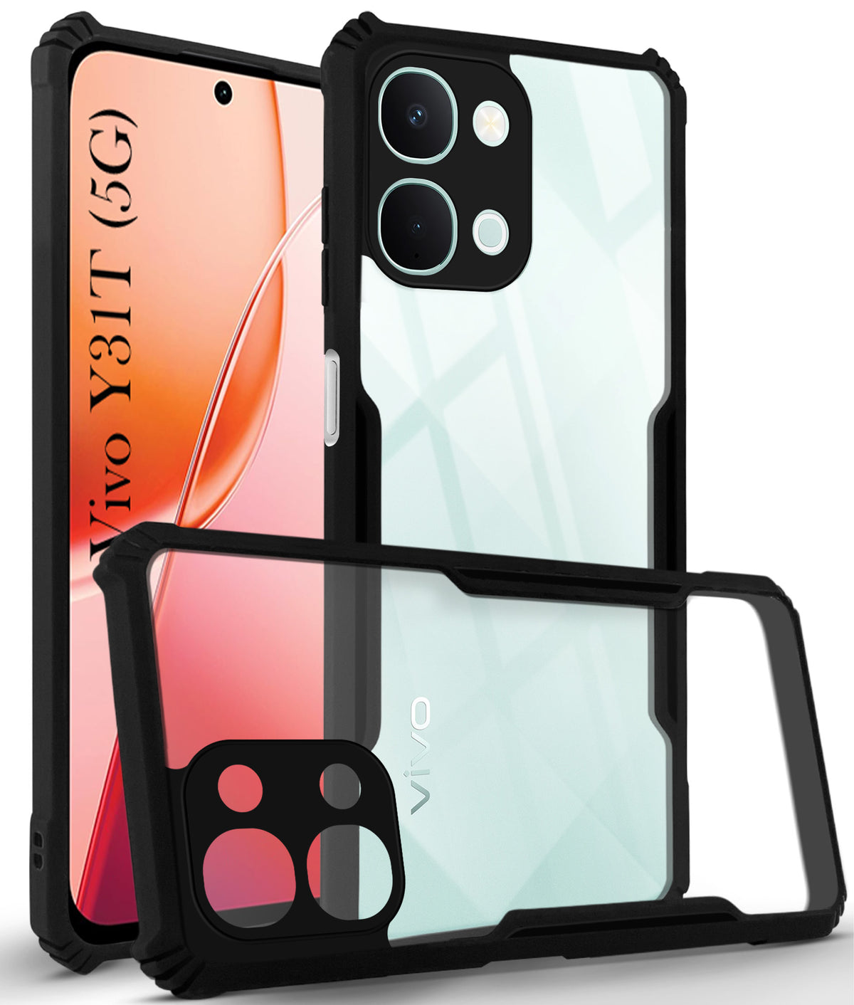 For Vivo Y31T 5G Back Cover Case Hybrid (Shockproof with Polycarbonate Clear Panel | Professional Black)