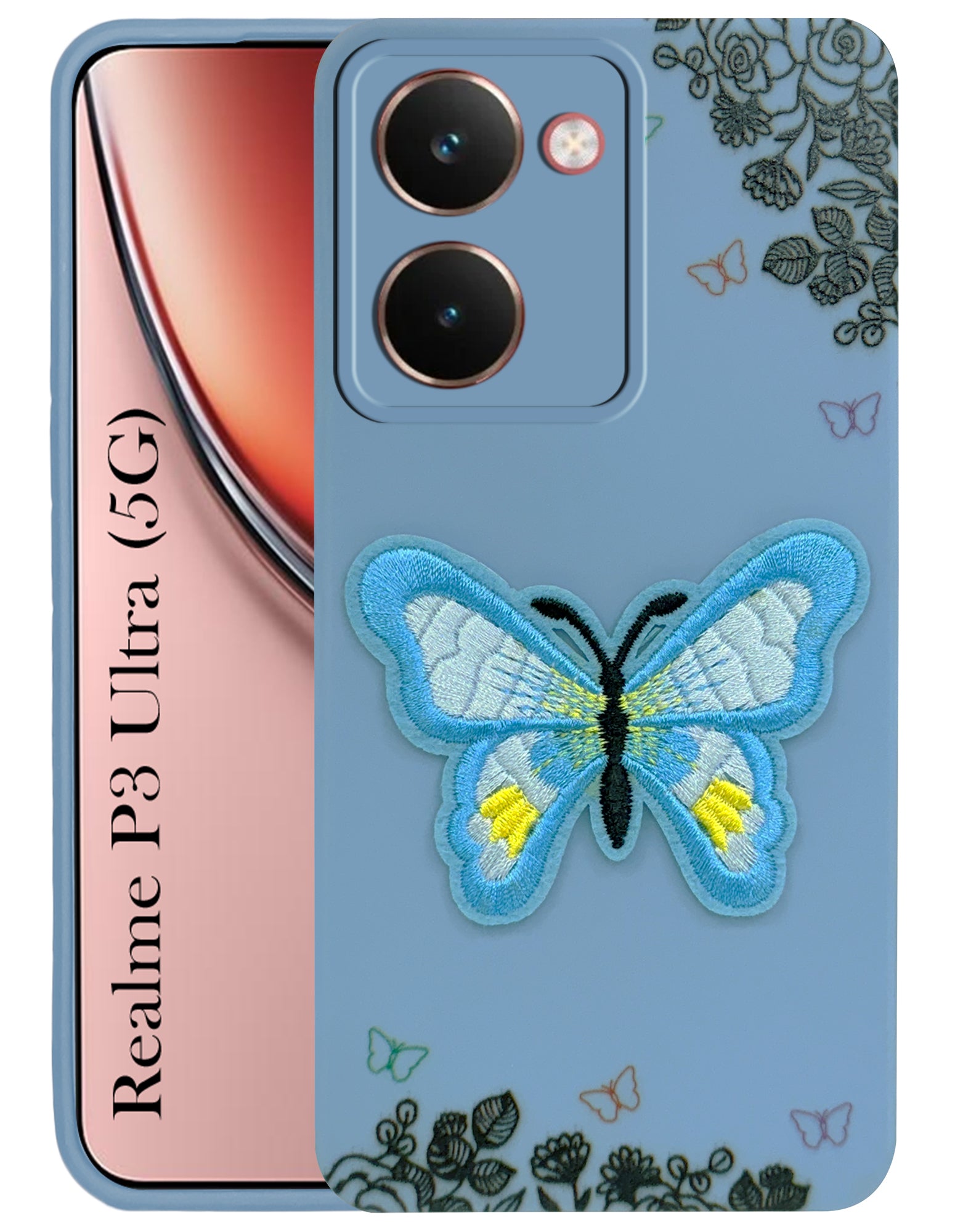 For Realme P3 Ultra Back Cover Case (Soft Butterfly Embroidery | Women Teen Girls | Camera Protection| Matte Silicone)