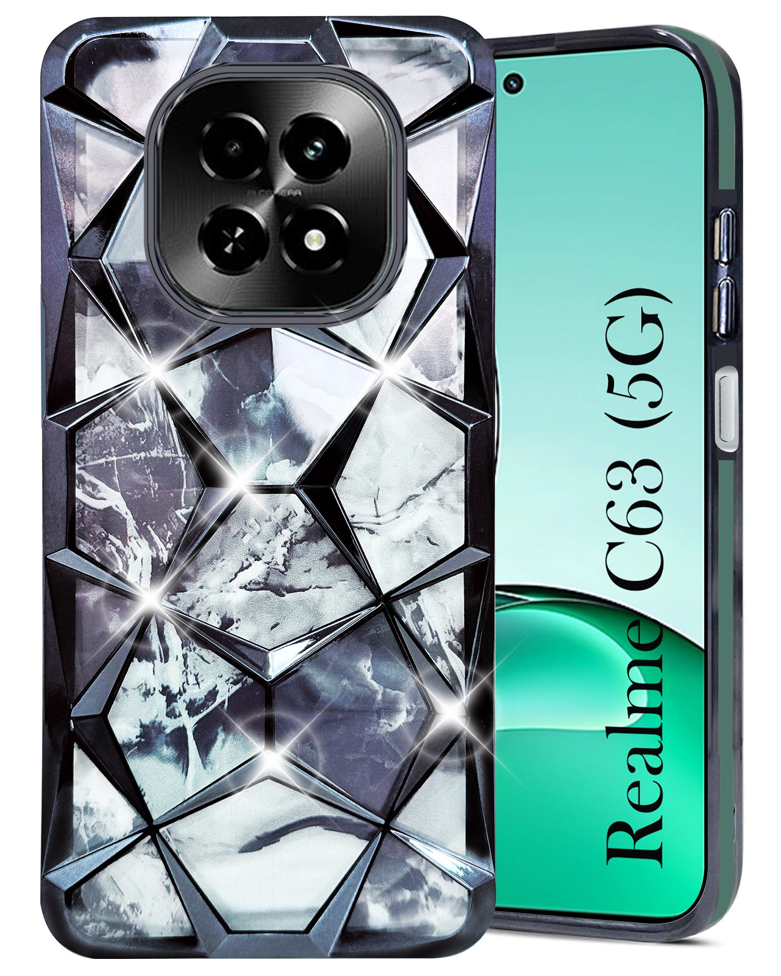 For Realme C63 5G Back Cover Case (Dual Design Glitter Sparkle and Detachable Diamond Print Case | Soft and Flexible)