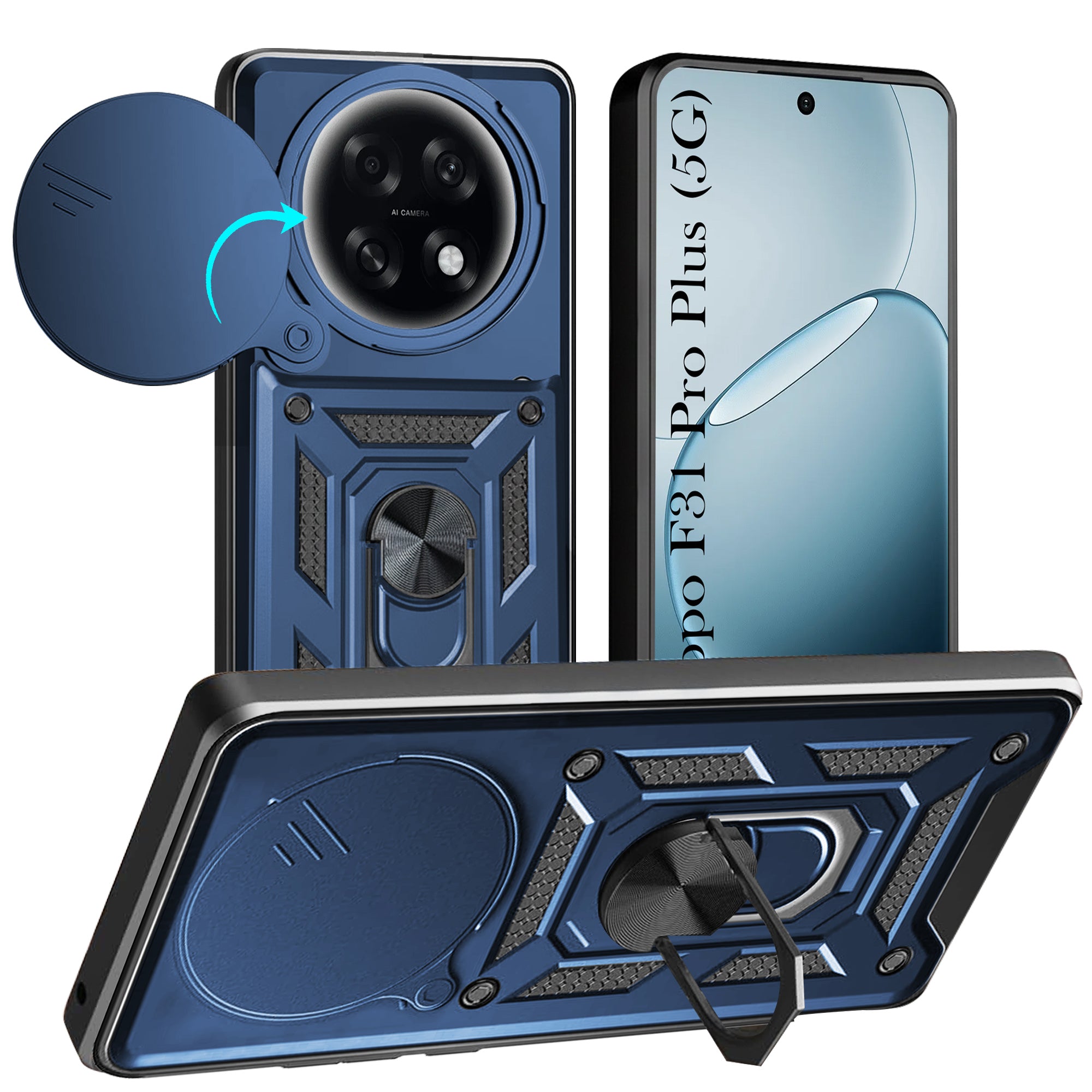 For Oppo F31 Pro Plus Hybrid Armor Back Cover Case (Sliding Shutter Camera Protection | Polycarbonate |Ring Holder Kickstand)