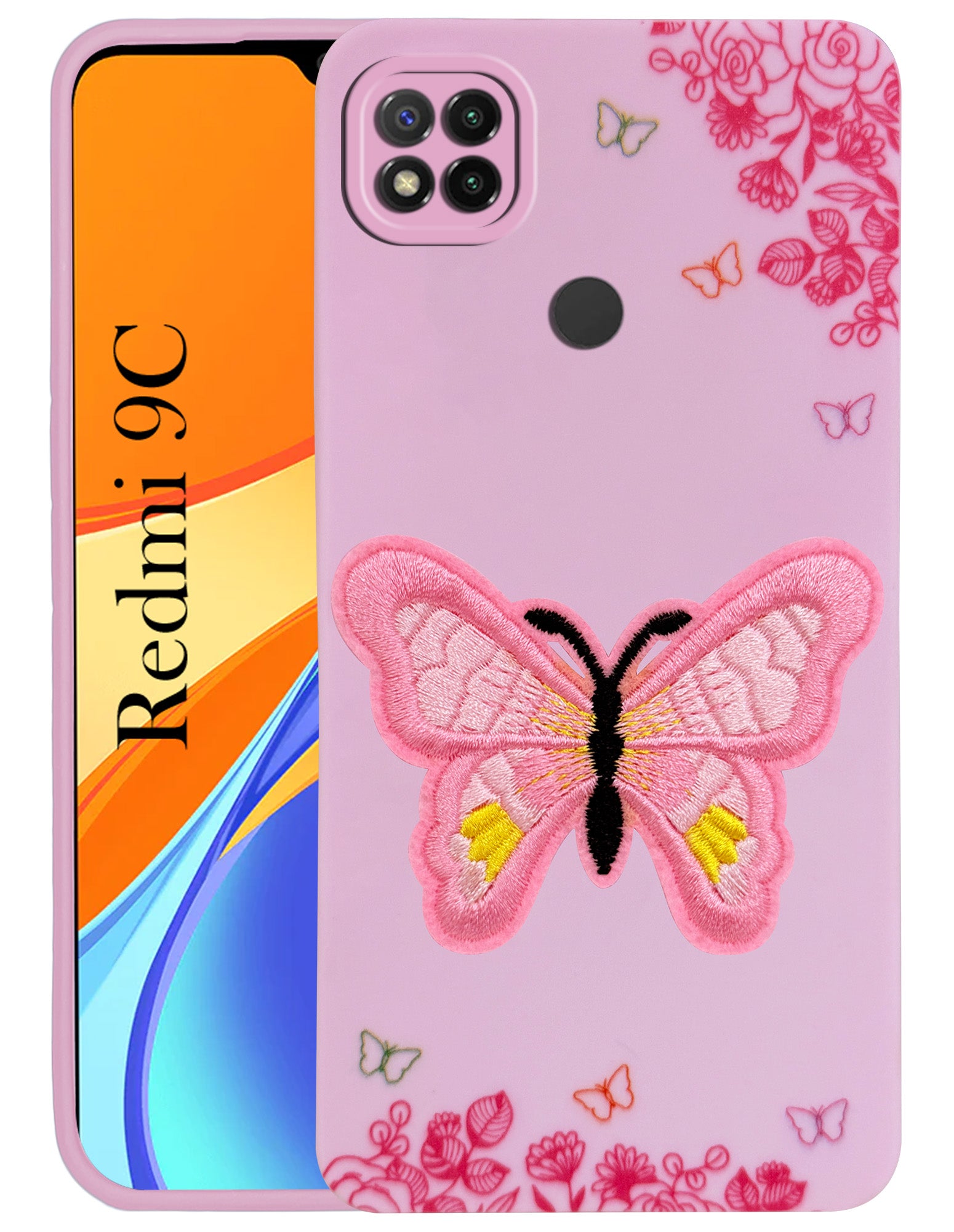 For Redmi 9C Back Cover Case (Soft Butterfly Embroidery | Women Teen Girls | Camera Protection| Matte Silicone)
