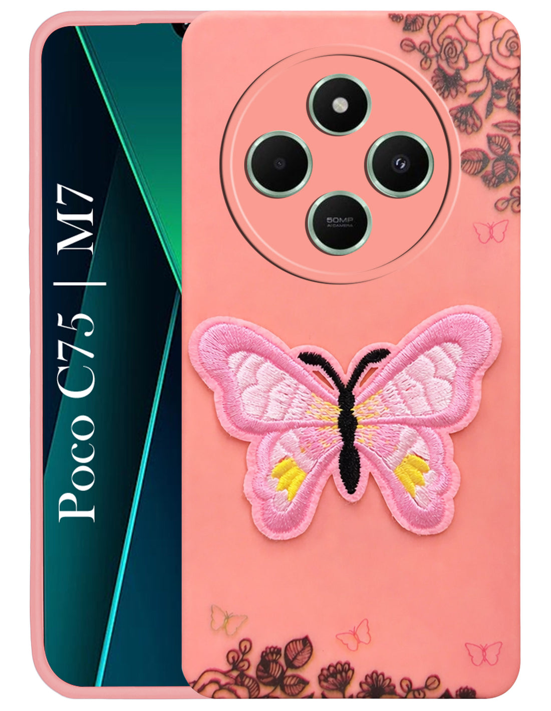 For Poco C75 | Poco M7 Back Cover Case (Soft Butterfly Embroidery | Women Teen Girls | Camera Protection| Matte Silicone)