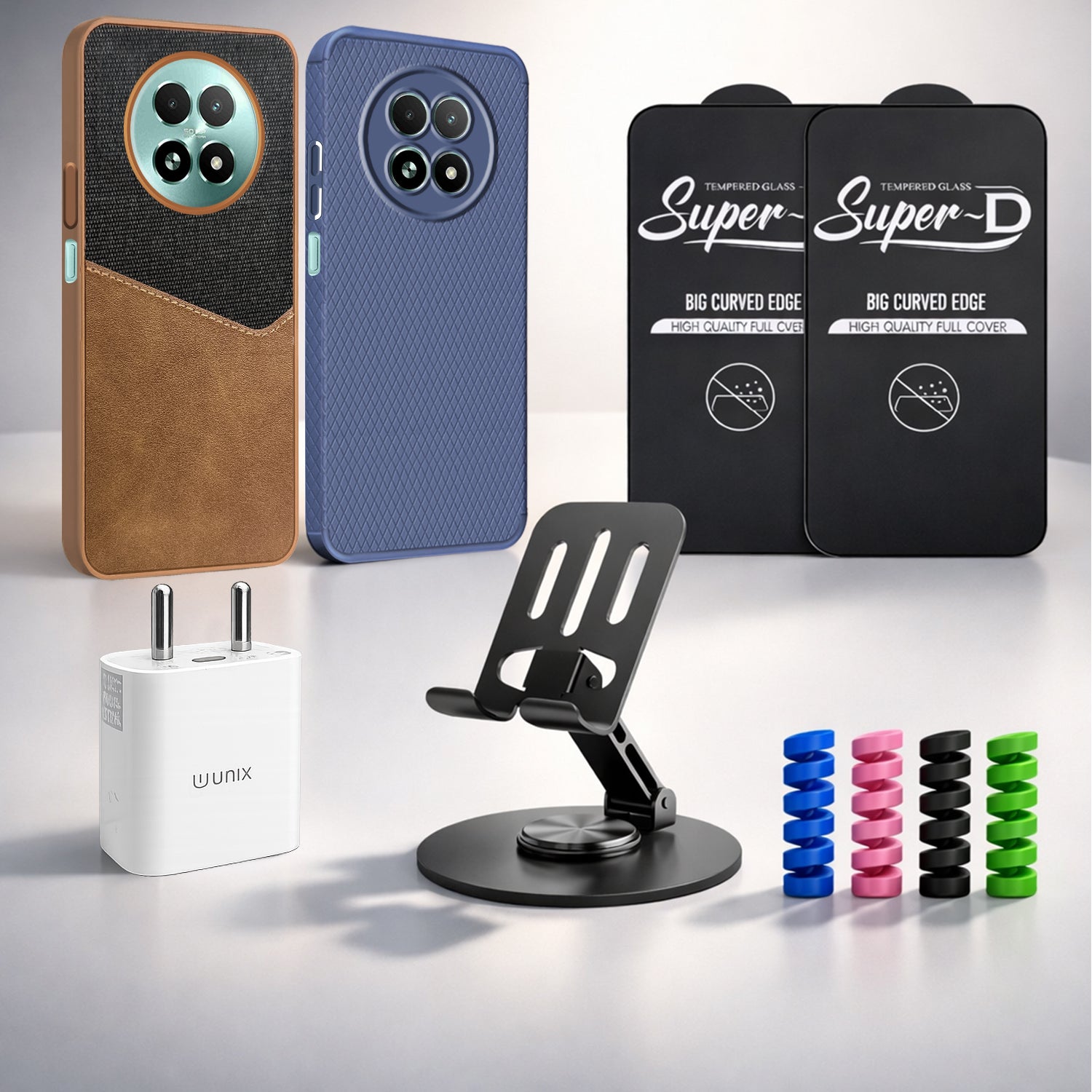 Complete Mobile Care Kit (Get Any 2 Cases+2 Tempered Glass+25W Charger Adapter+Metallic Mobile Stand+Cable Protector)