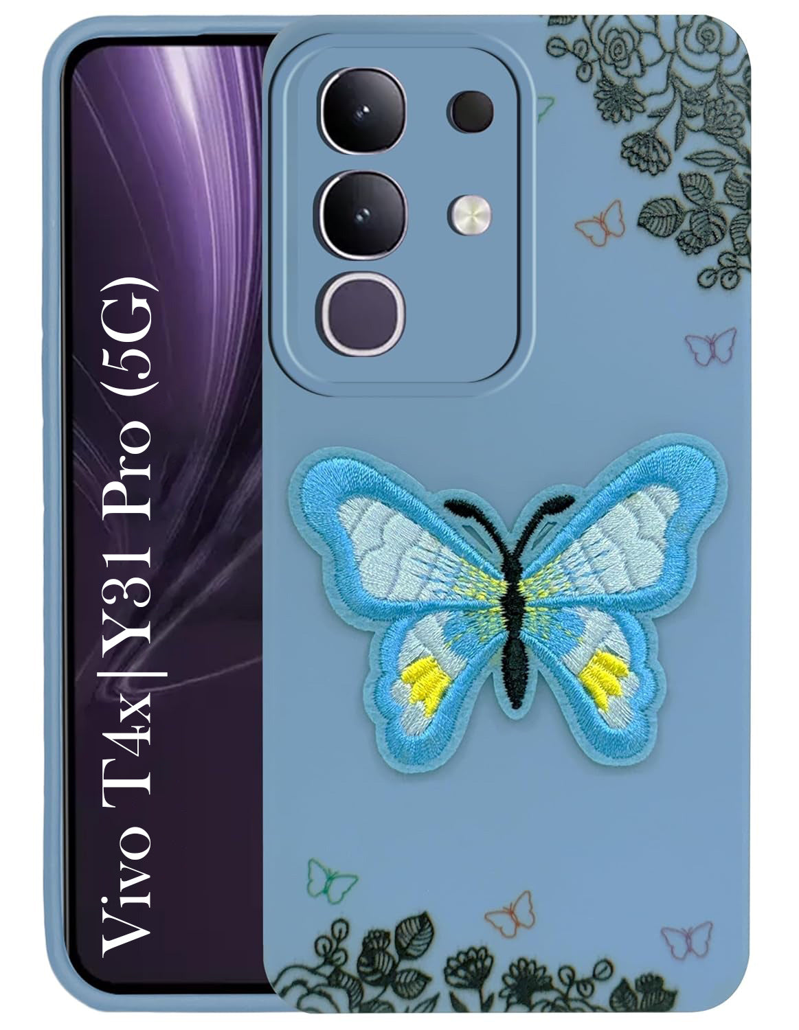 For Vivo T4x | Vivo Y31 Pro Back Cover Case (Soft Butterfly Embroidery | Women Teen Girls | Camera Protection| Matte Silicone)