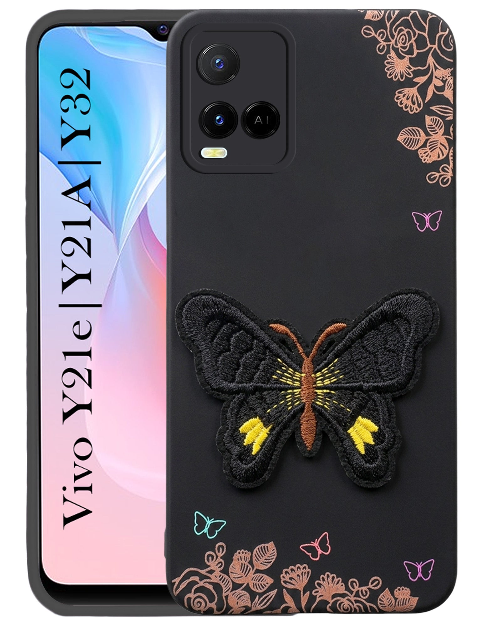 For Vivo Y21e | Vivo Y21A | Vivo Y32 Back Cover Case (Soft Butterfly Embroidery | Women Teen Girls | Camera Protection| Matte Silicone)