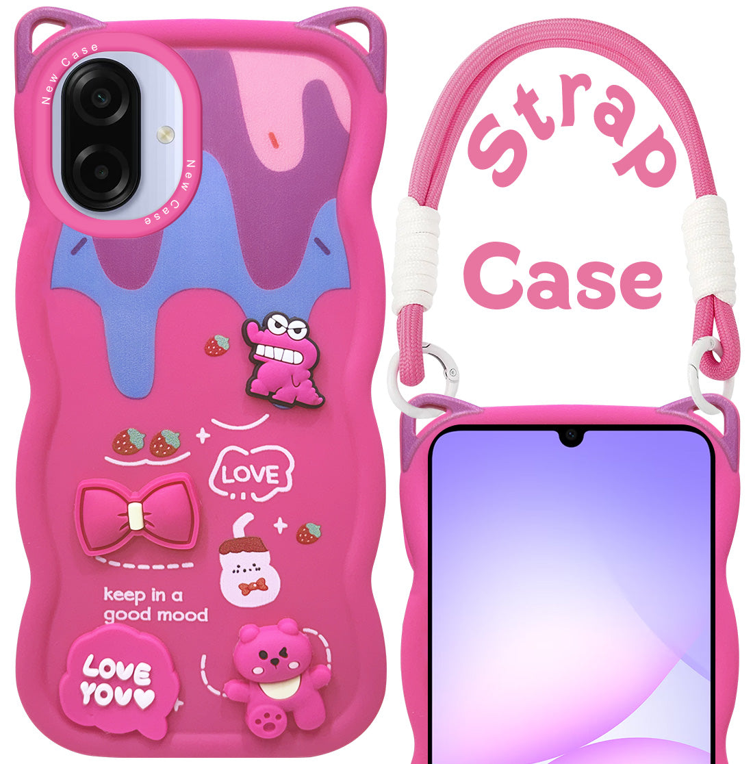 For Samsung Galaxy A07 | F70e 5G Strap Back Case Cover (3D embossed Figures | Strap Holder | 360* Soft Cushion with Camera Bump)