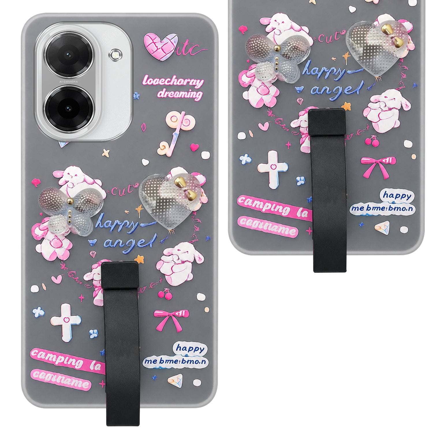 For Poco C71 Back Cover Case (3D Cute Heart Strap Holder | Camera Protection | Designer Girls Print)