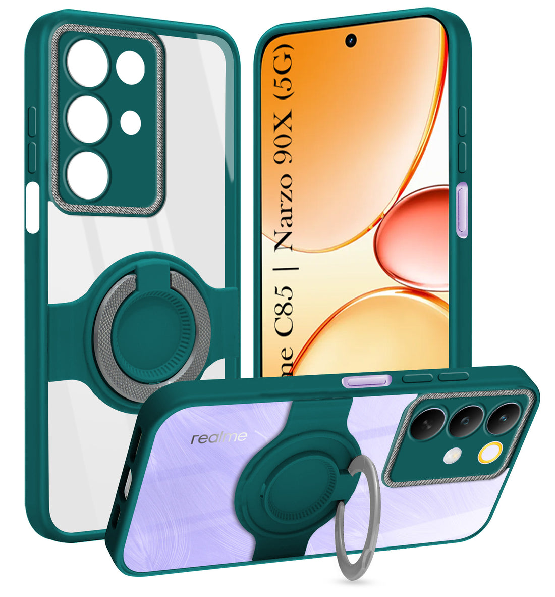 For Realme C85 5G | Realme Narzo 90x Back Cover Case with stand (Built-in Ring Holder Kickstand | Lifetime Anti Yellow | Camera Protection)
