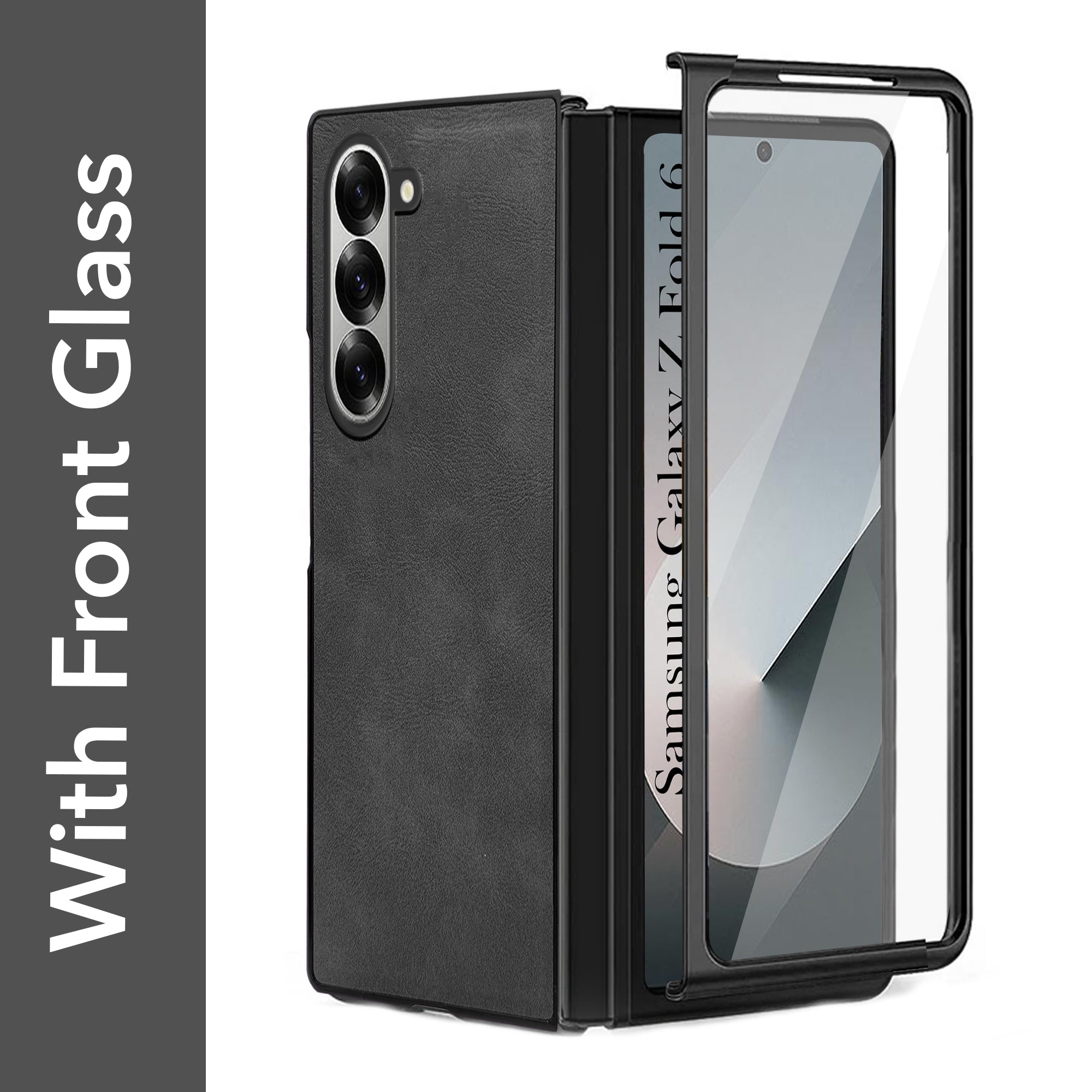 For Samsung Galaxy Z Fold 6 5G Back Cover Front Glass Leather (Full Body Case | Built-in Screen Protector | Inside Fiber Cloth | Minimalist Professional)