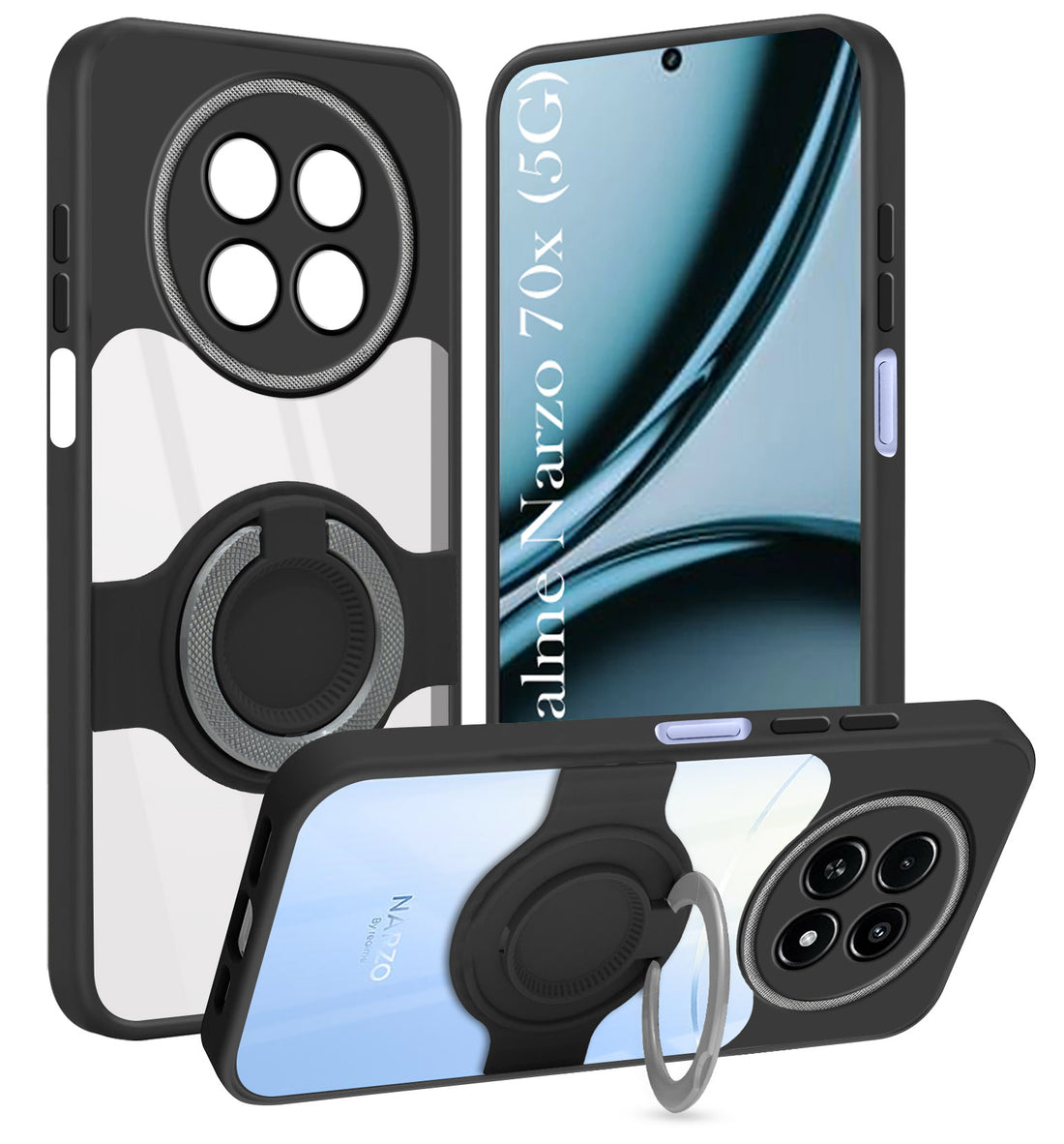 For Realme Narzo 70x 5G Back Cover Case with stand (Built-in Ring Holder Kickstand | Lifetime Anti Yellow | Camera Protection)