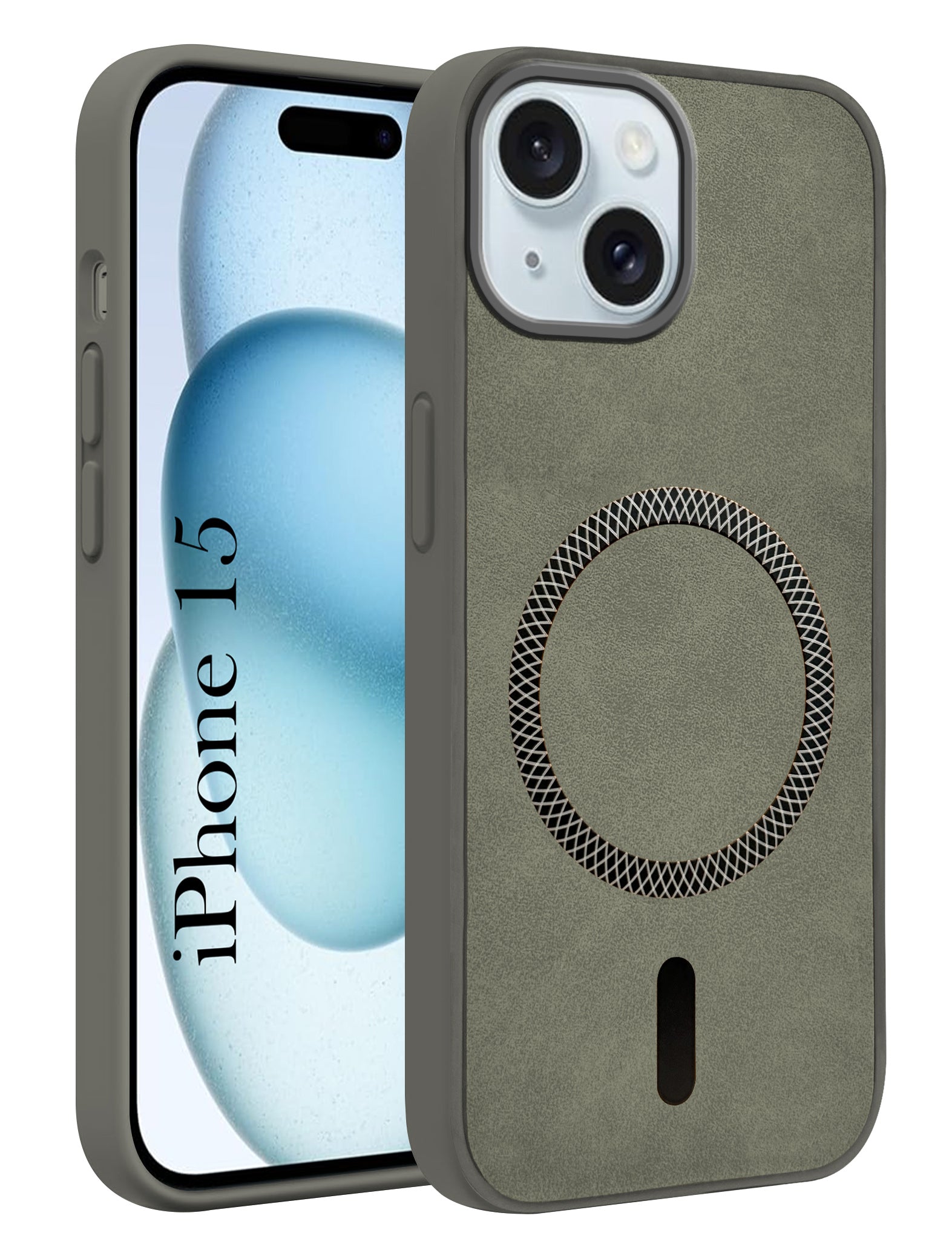 For Apple iPhone 15 Back Cover Case Leather Finish (MagSafe Compatible Wireless Charging | Soft Touch | Camera Bump Protection)