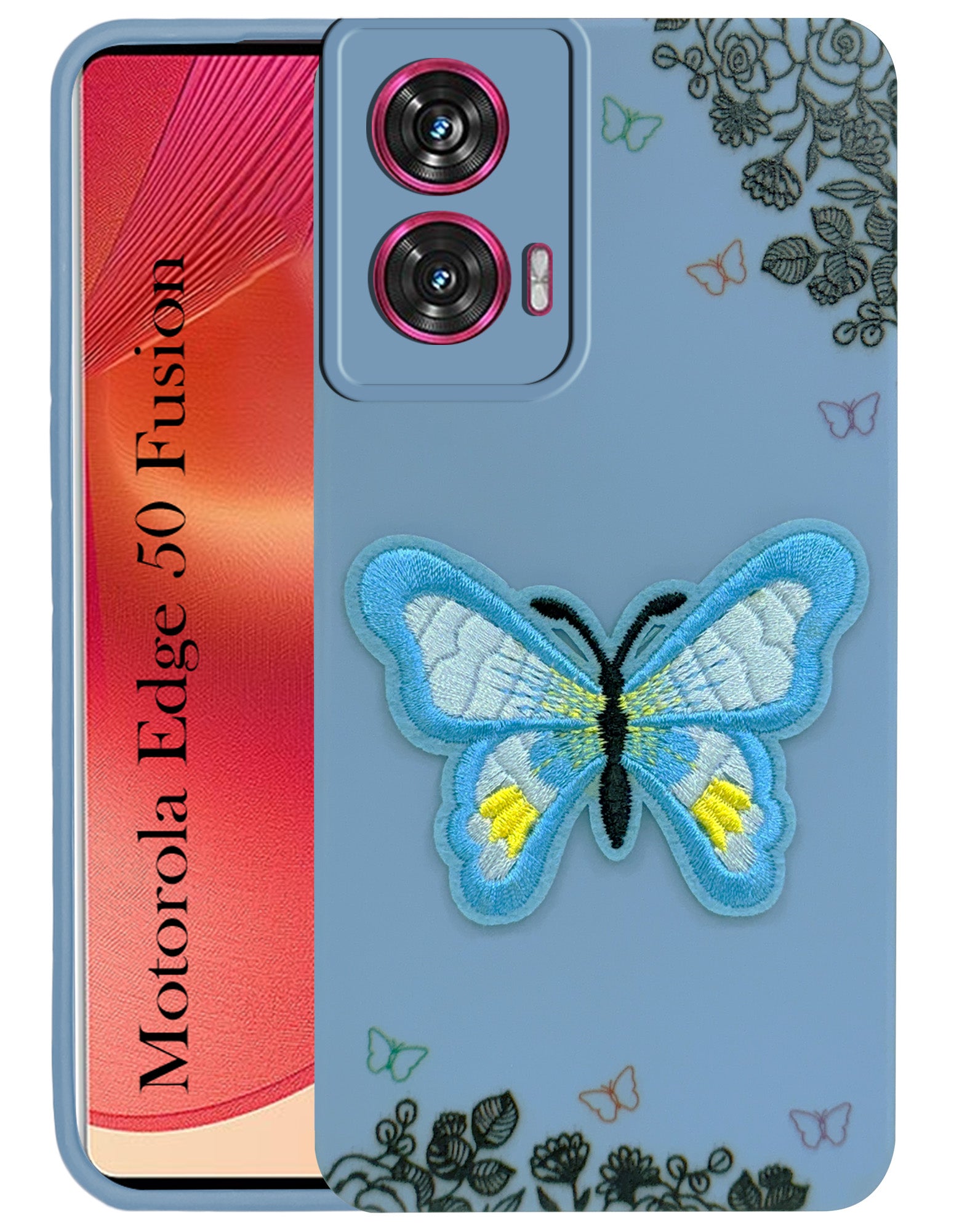 For Motorola Moto Edge 50 Fusion Back Cover Case (Soft Butterfly Embroidery | Women Teen Girls | Camera Protection| Matte Silicone)