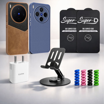 Complete Mobile Care Kit (Get Any 2 Cases+2 Tempered Glass+25W Charger Adapter+Metallic Mobile Stand+Cable Protector)