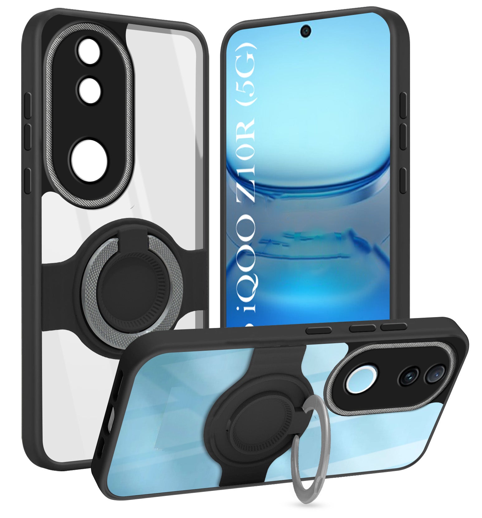 For Vivo iQOO Z10R Back Cover Case with stand (Built-in Ring Holder Kickstand | Lifetime Anti Yellow | Camera Protection)