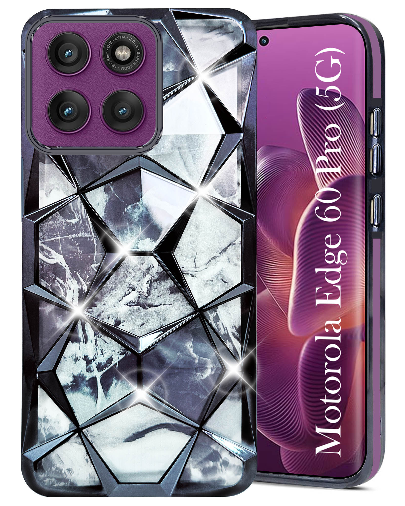 For Motorola Moto Edge 60 Pro Back Cover Case (Dual Design Glitter Sparkle and Detachable Diamond Print Case | Soft and Flexible)
