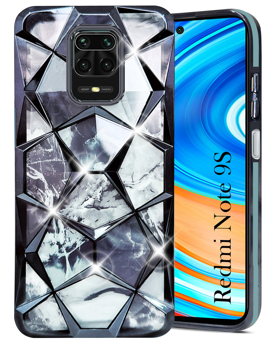 For Xiaomi Mi Redmi Note 9S Back Cover Case (Dual Design Glitter Sparkle and Detachable Diamond Print Case | Soft and Flexible)