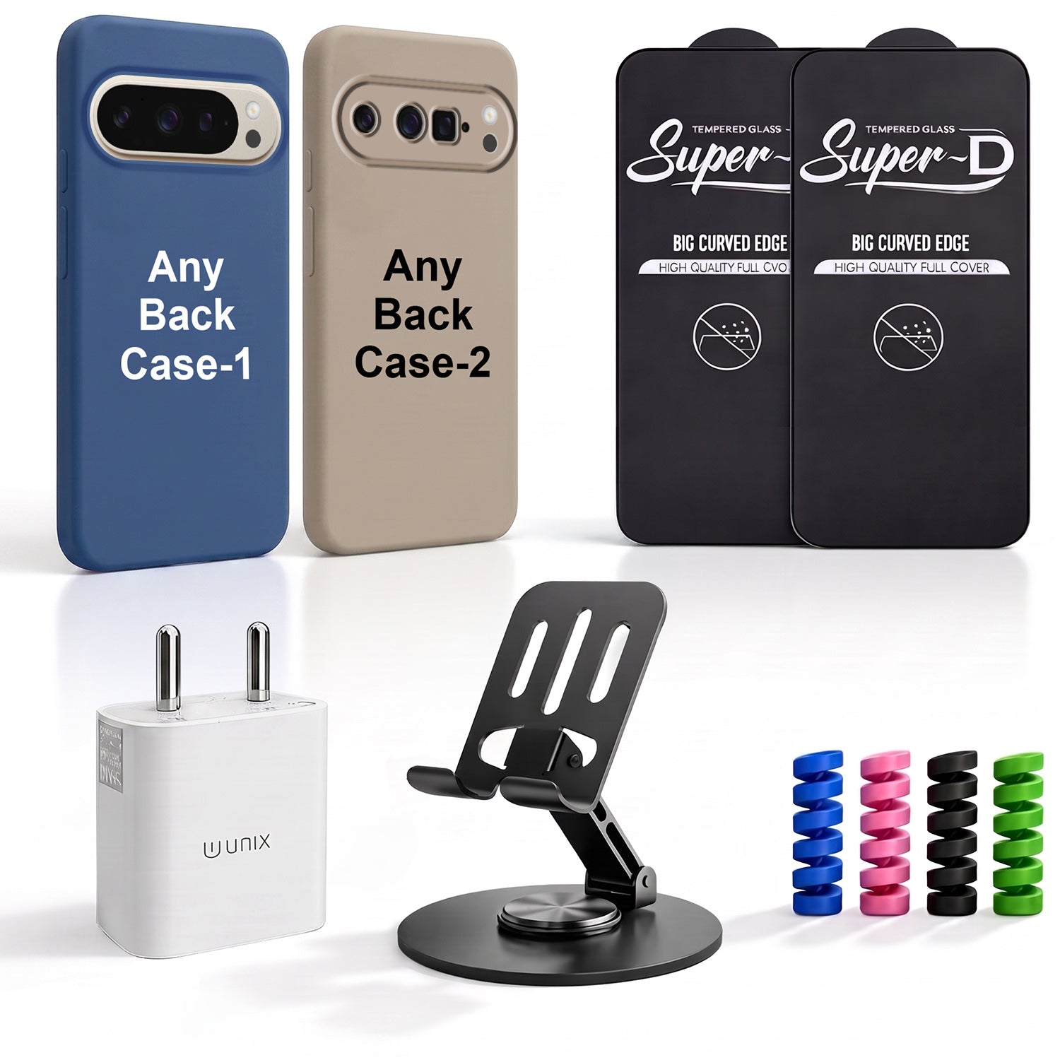 Complete Mobile Care Kit (Get Any 2 Cases+2 Tempered Glass+25W Charger Adapter+Metallic Mobile Stand+Cable Protector)