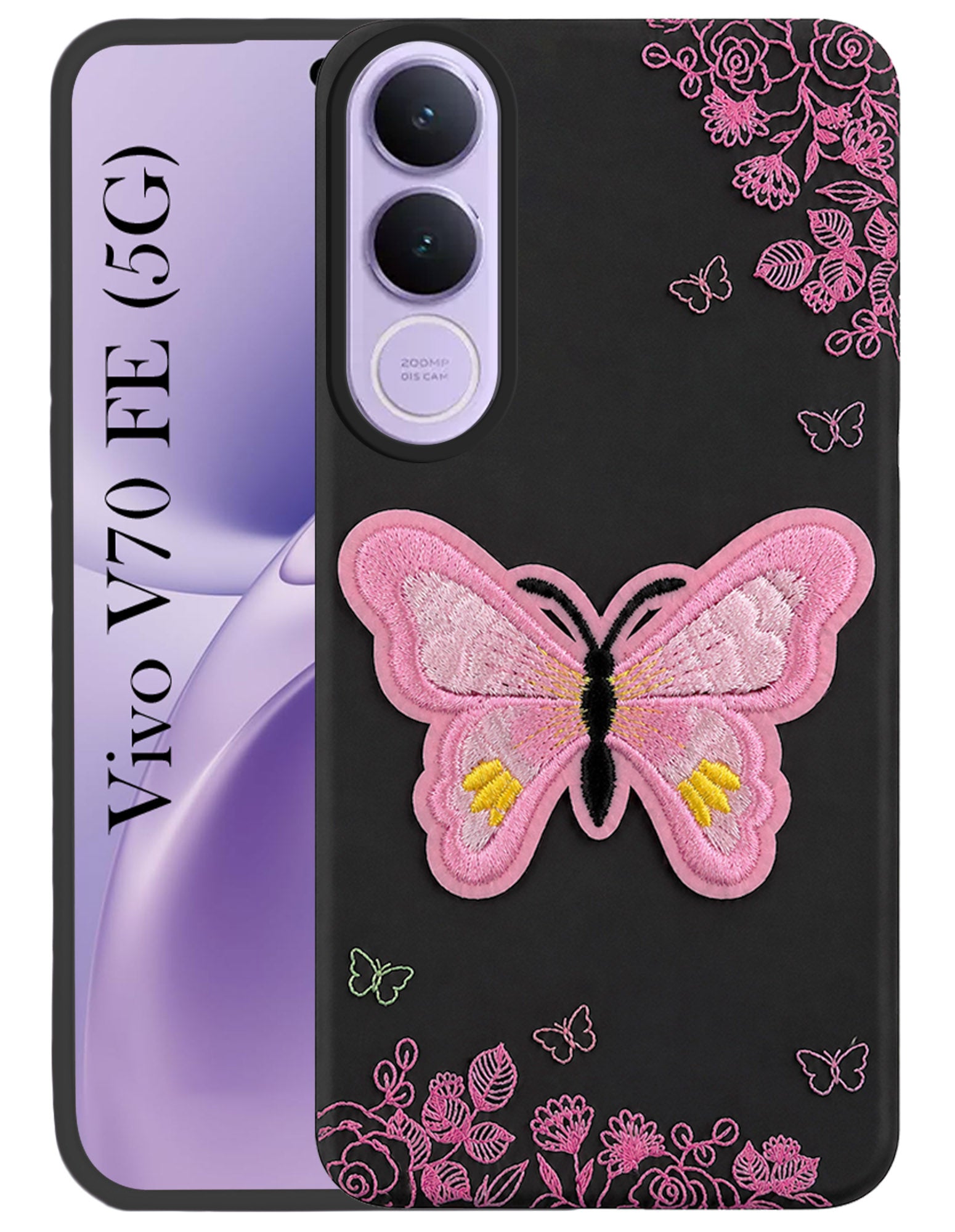 For Vivo V70 FE 5G Back Cover Case (Soft Butterfly Embroidery | Women Teen Girls | Camera Protection| Matte Silicone)