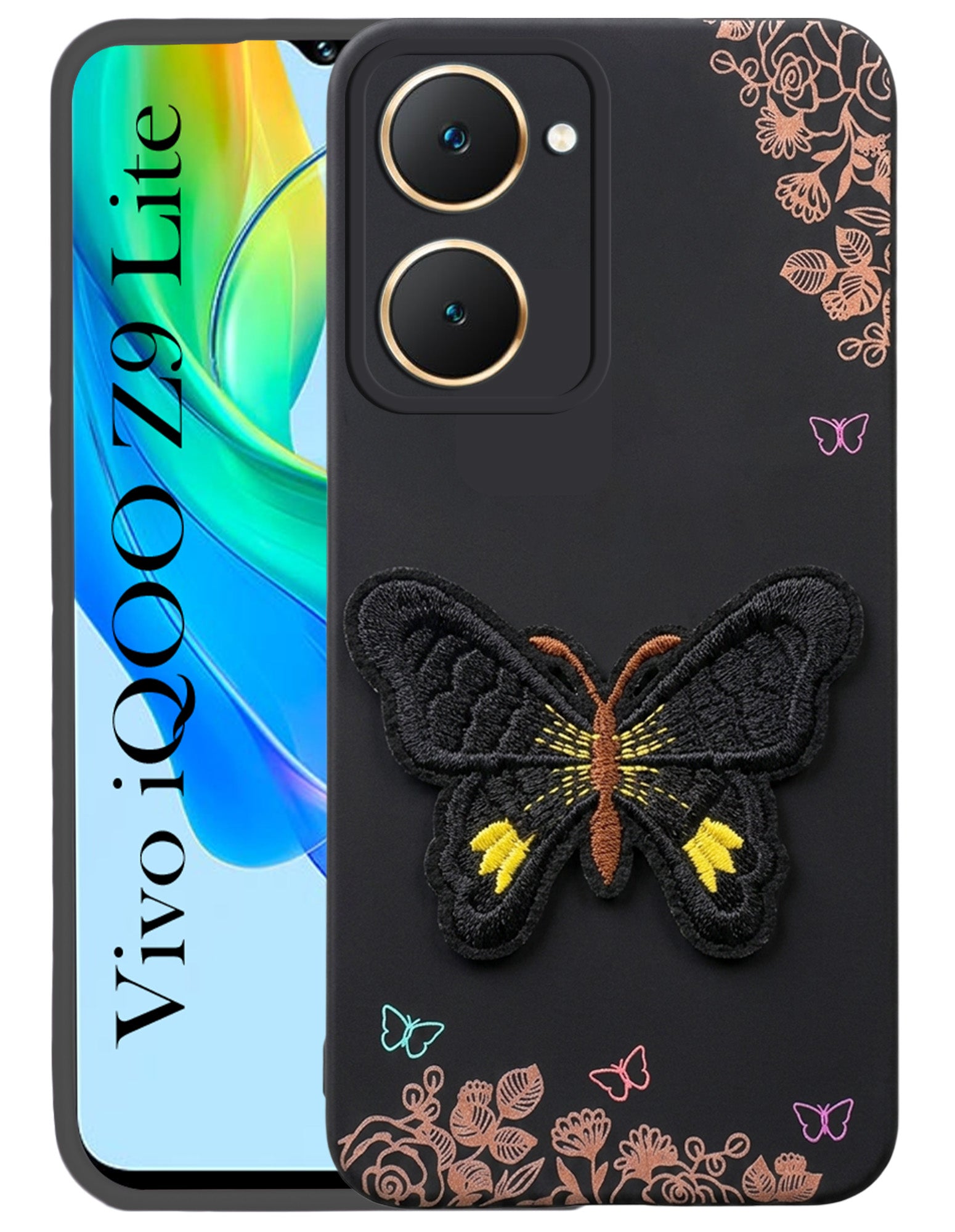 For Vivo iQOO Z9 Lite Back Cover Case (Soft Butterfly Embroidery | Women Teen Girls | Camera Protection| Matte Silicone)