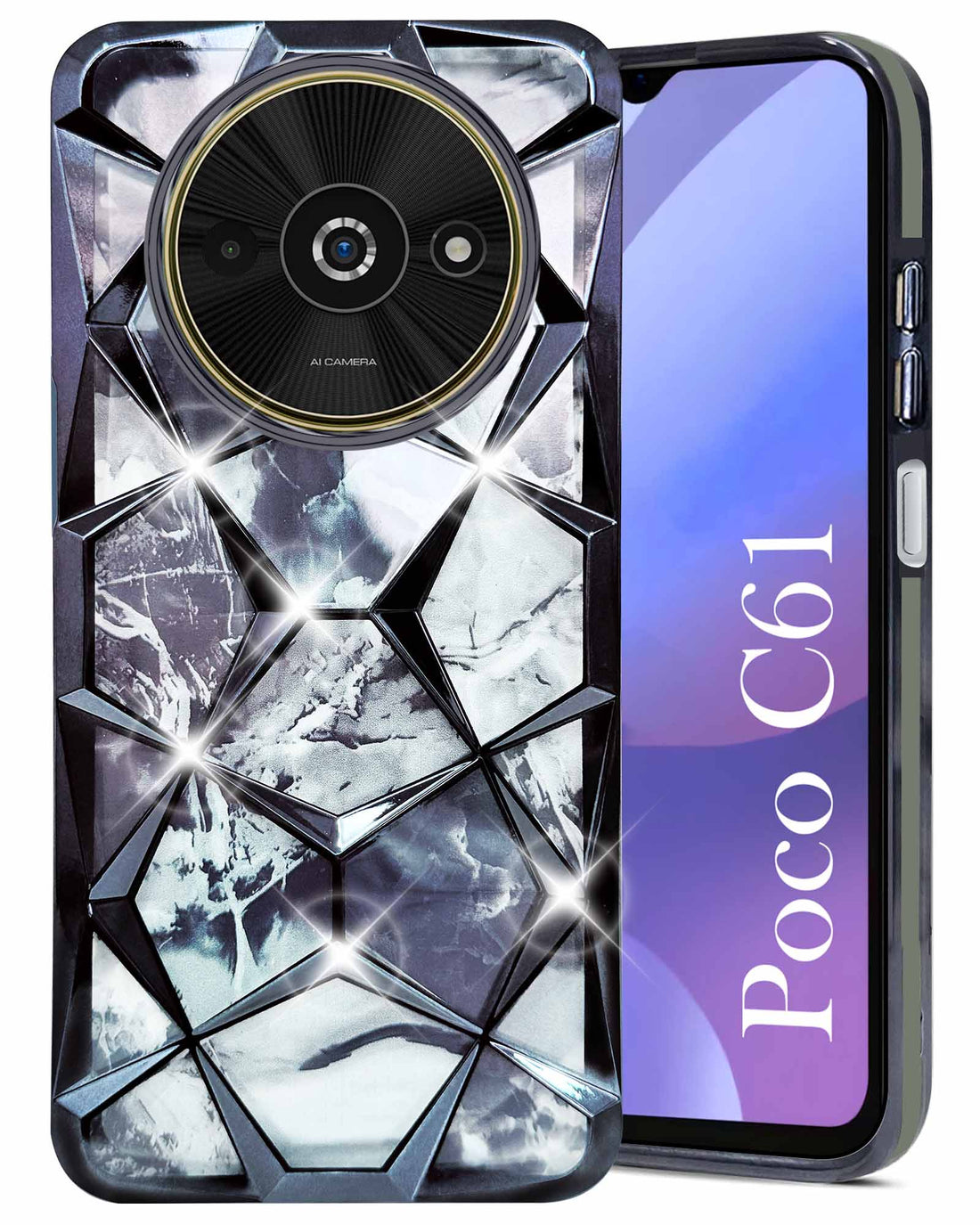 For Xiaomi Poco C61 Back Cover Case ( Dual Design Glitter Sparkle and Detachable Diamond Print Case | Soft and Flexible)