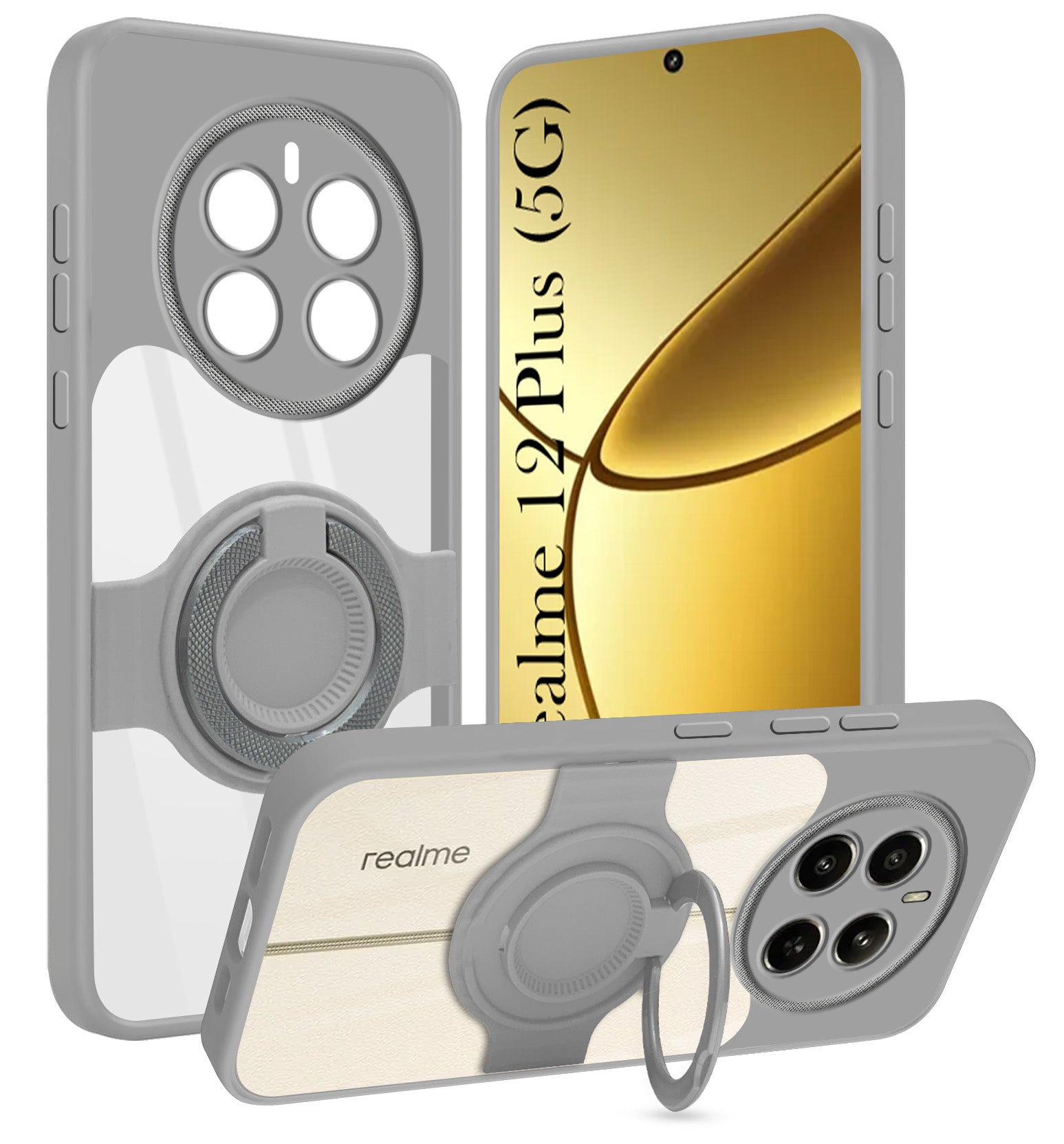 For Realme 12 Plus Back Cover Case with stand (Built-in Ring Holder Kickstand | Lifetime Anti Yellow | Camera Protection)