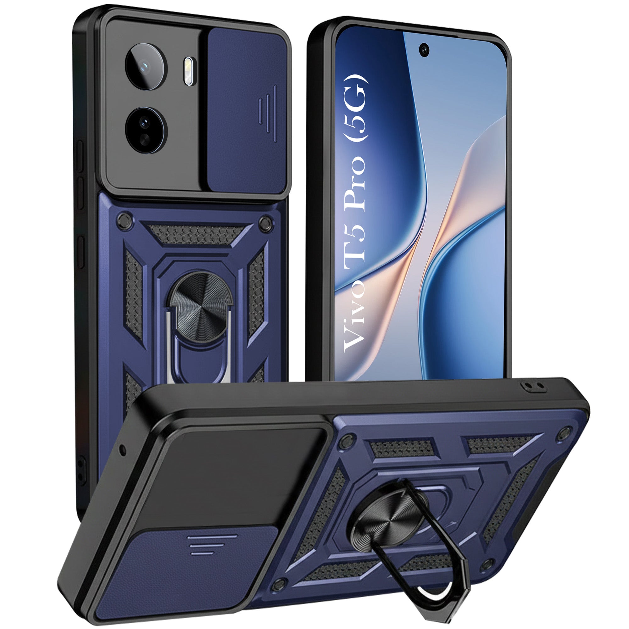 For Vivo T5 Pro 5G Back Cover Case Hybrid Armor (Sliding Shutter Camera Protection | Polycarbonate |Ring Holder Kickstand)