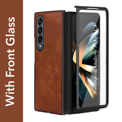 For Samsung Galaxy Z Fold 4 5G Back Cover Front Glass Leather (Full Body Case | Built-in Screen Protector | Inside Fiber Cloth | Minimalist Professional)