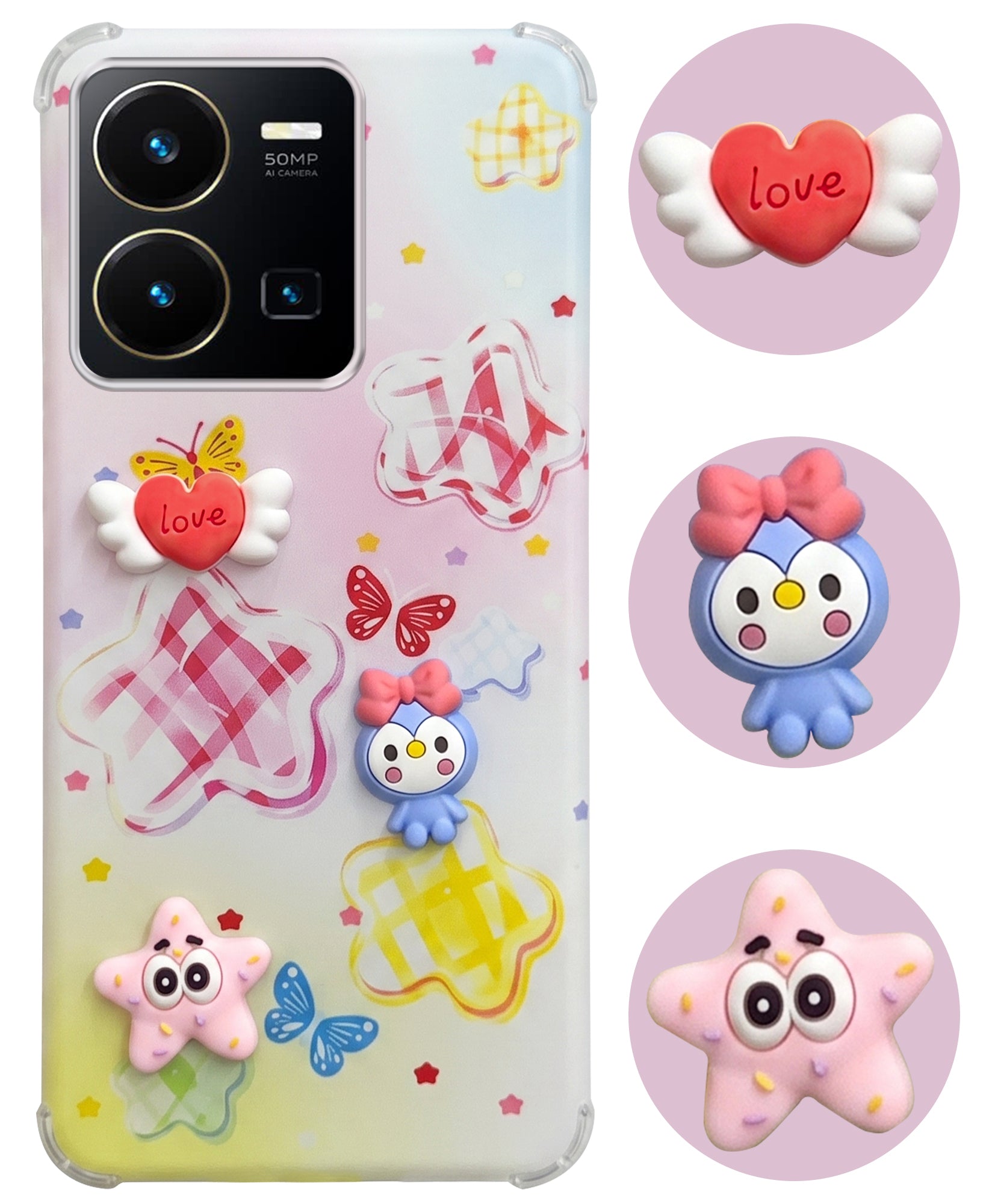 For Vivo Y35 Back Cover Case (3D Cute Cartoons | Hard Back Side Soft | Matte Premium Finish | HD Printing)