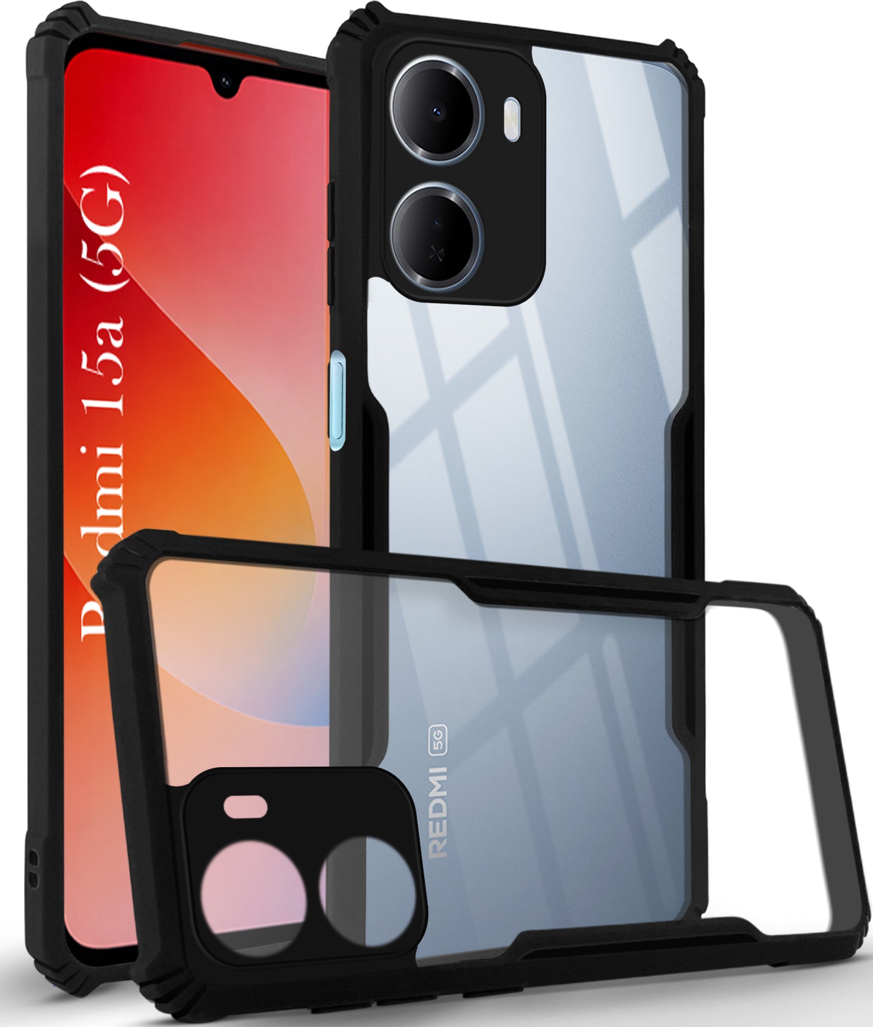 For Redmi 15A 5G Back Cover Case Hybrid (Shockproof with Polycarbonate Clear Panel | Professional Black)