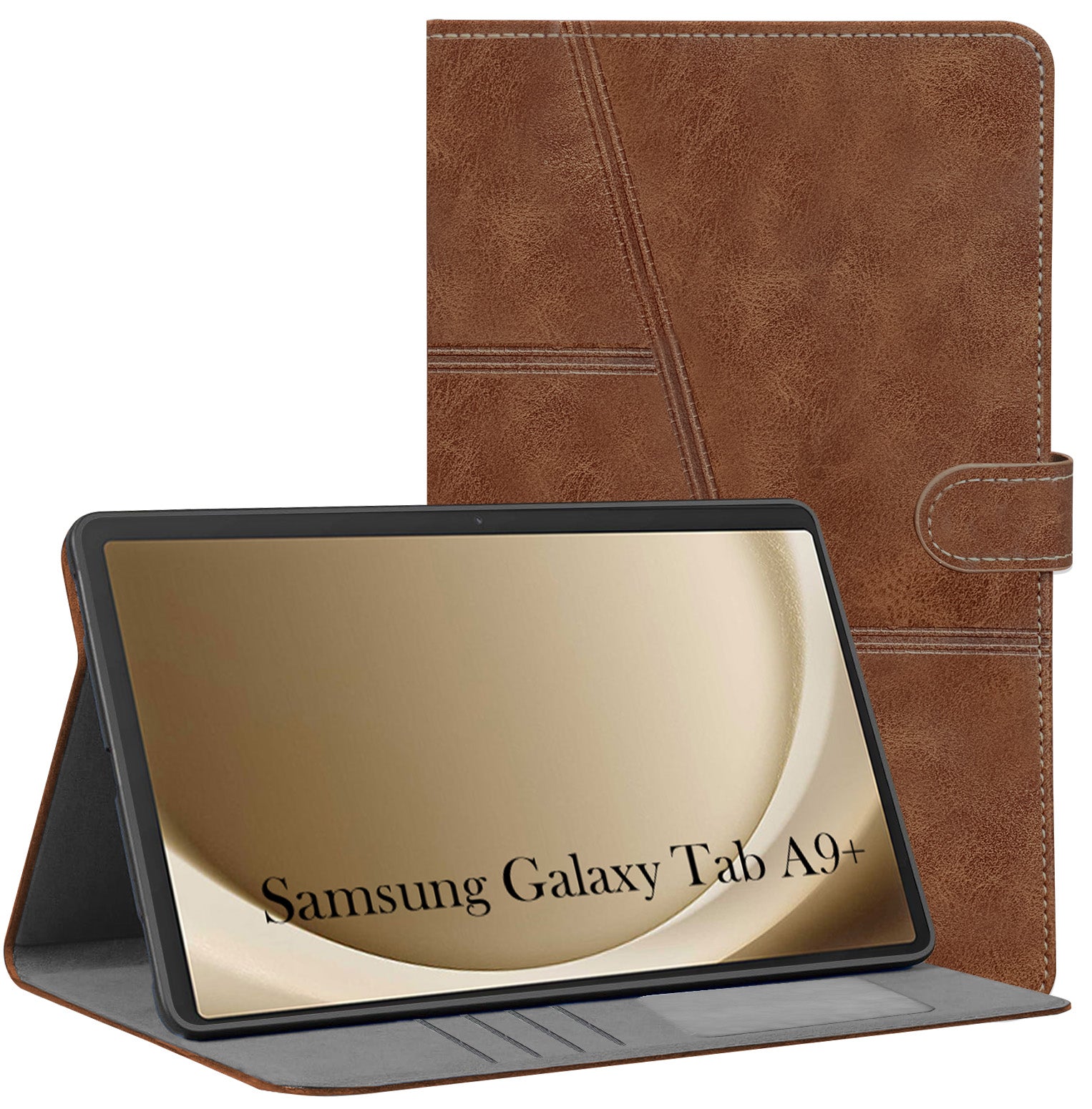 For Flip Cover Folio Case Samsung Galaxy Tab A9+ (SM-X210, SM-X215, SM-X216B) 12 Inch (PU Leather | Multi-Angle Smart Stand | Card Storage Slots | Silicone Back Pouch)
