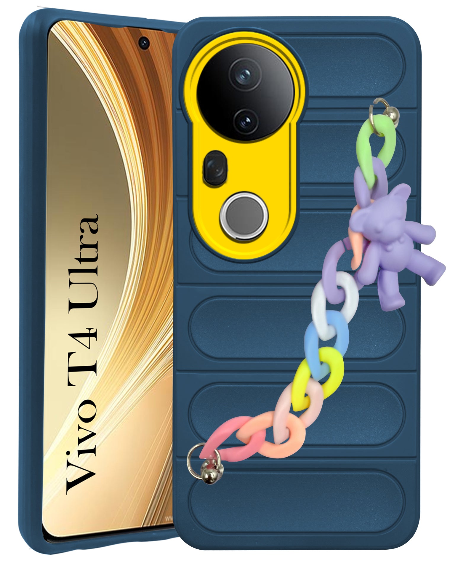 For Vivo T4 Ultra Back Cover Case  (Wrist Hanging Chain | Teddy Bracelet Charms | Matte Liquid Silicone | Camera Protection Ring)