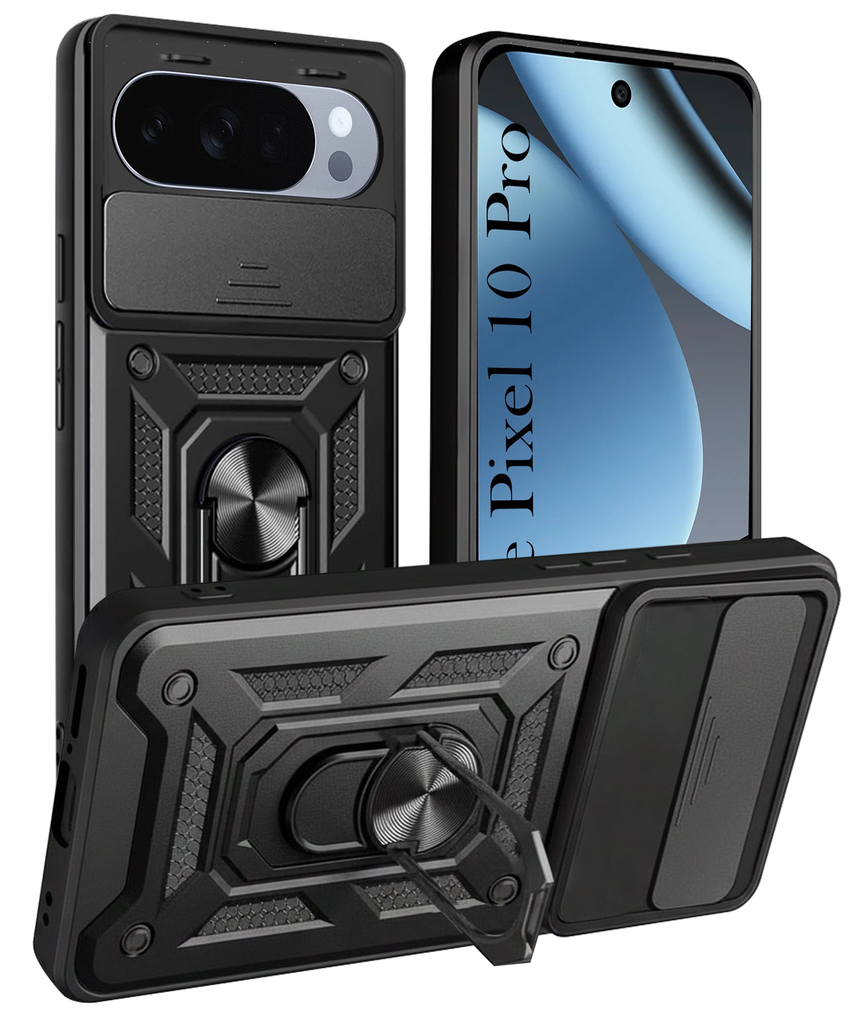 For Google Pixel 10 Pro Back Cover Case (Sliding Shutter Camera Protection | Polycarbonate |Ring Holder Kickstand)