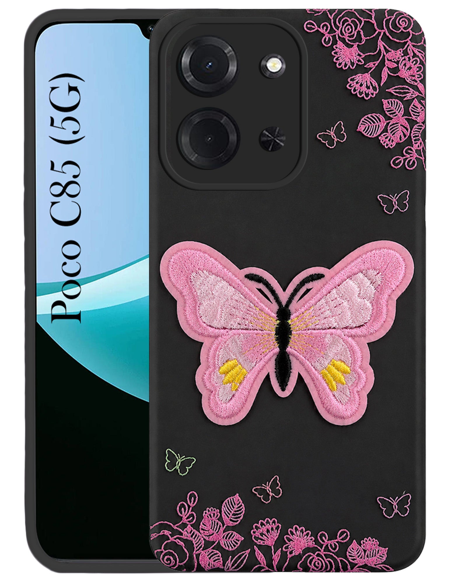 For Poco C85 5G Back Cover Case (Soft ButterFly Embroidery | Women Teen Girls | Camera Protection| Matte Silicone)