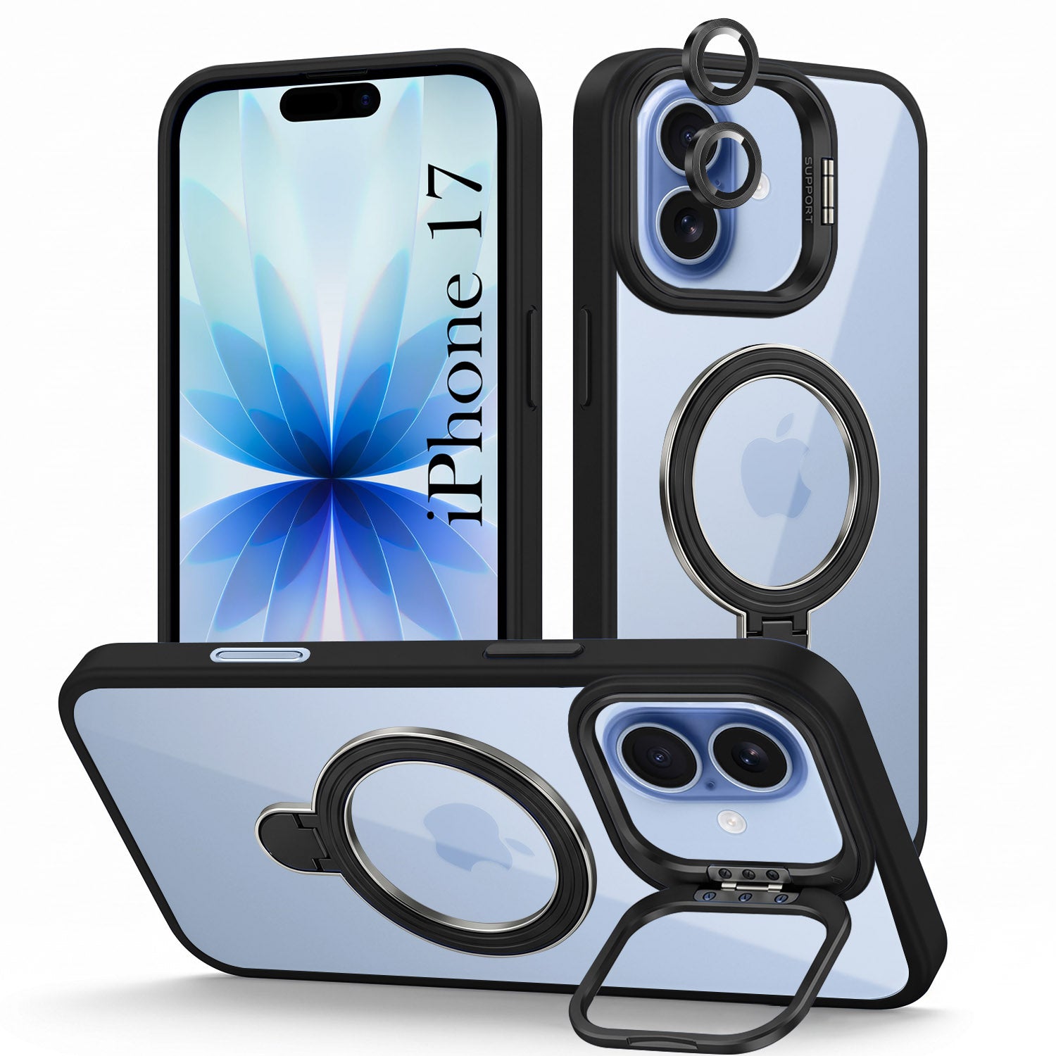 For Apple iPhone 17 Back Cover Case Crystal (Lifetime Anti Yellow | Magnetic Ring Stand | Camera Lens Protection | MagSafe Compatible)