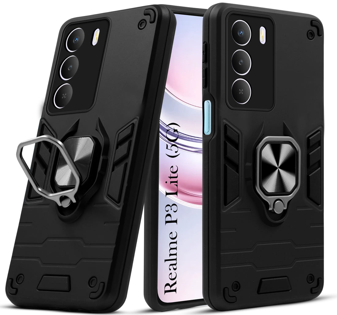 For Realme P3 Lite Hybrid Armor Back Cover Case (Shockproof Dual Layer Polycarbonate |Ring Holder Kickstand)