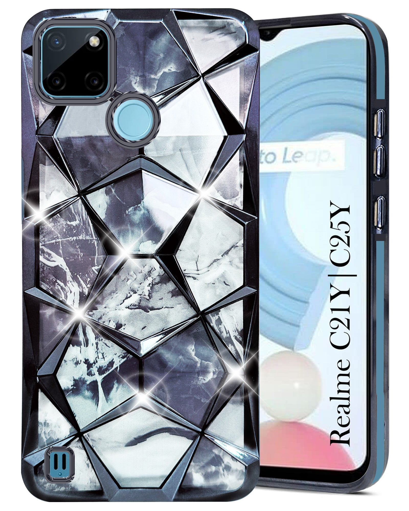 For Realme C21Y | C25Y Back Cover Case ( Dual Design Glitter Sparkle and Detachable Diamond Print Case | Soft and Flexible)