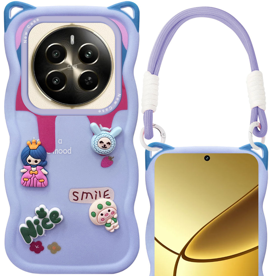For Realme 12 Plus Back Case Cover Strap (3D Embossed Figures | Strap Holder | 360* Soft Cushion with Camera Bump)