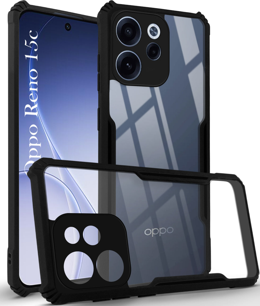 For Oppo Reno 15c Back Cover Case Hybrid (Shockproof with Polycarbonate Clear Panel | Professional Black)