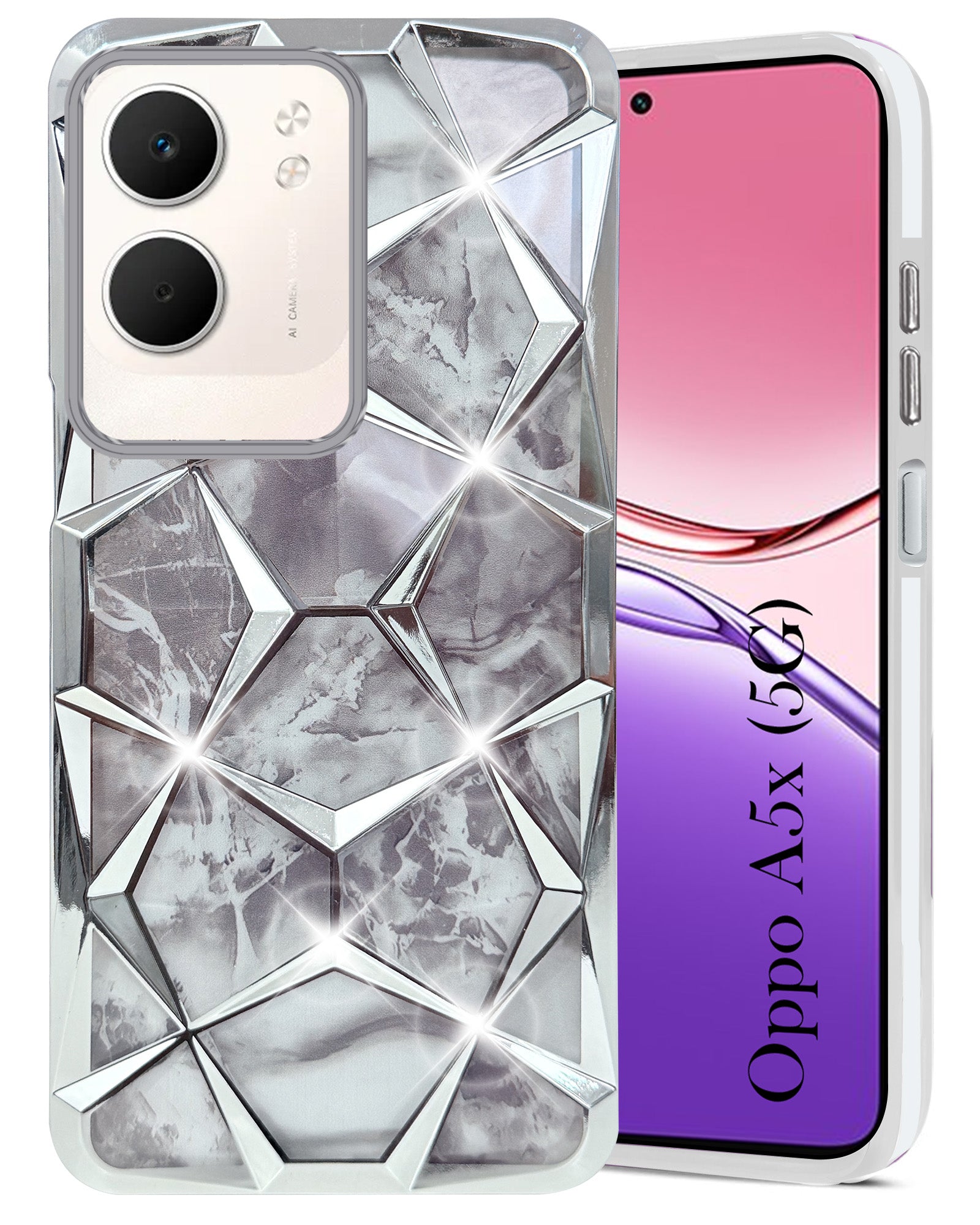 For Oppo A5X 3D Silicone Back Cover Case Compatible (Dual Design Glitter Sparkle and Detachable Diamond Print Case | Soft and Flexible)